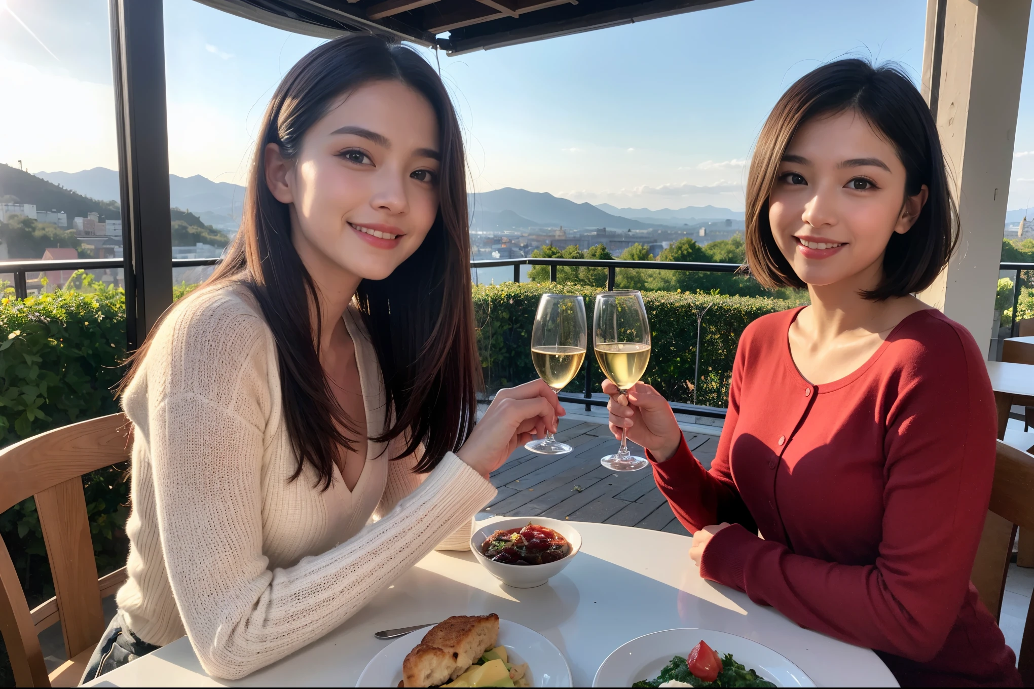 ((highest quality、8k、masterpiece:1.3))、1 male、1 female、Half Couple、Spouse、Brown Hair Couple、The body is slim、((Bob Hale、Straight hair:1.2)), (Realistic, Intricate details:1.2), Wine glass on the table、Put the light on your face、 Amazing view of the sunset sky and clouds、Amazing mountain views、A bright smile、The wonderfulness of smile、Bright image、The beauty of wine, Beautiful Face, blue eyes, The light shines on your face, Blushing, short hair,Bright Face、 (Age 37), 39 years old, red wine 、Appetizers、Italian food、Wine bottle、Champagne、sparkling wine、Two beauties、Brown Hair、Shortcuts、Long sleeve shirt、dress、Pretty Woman 1, (Slim face), (The body is slim), (Brown Hair), (Shortcuts), cheeks turn a little red,Attractive beauty、restaurant, In a prominent place (From the waist up) Nova Frog Style, actress, model, Upper Body, White wine, slim, wine glass, A wine glass placed in the center, smile, (smile: 1.15), Beautiful fine grain, Depth f/2,saturation, High Contrast, Strong light and shadow,Moist Body:1.5、3D texture、Delicate eyes、Brown Hair、The hair is very shiny、