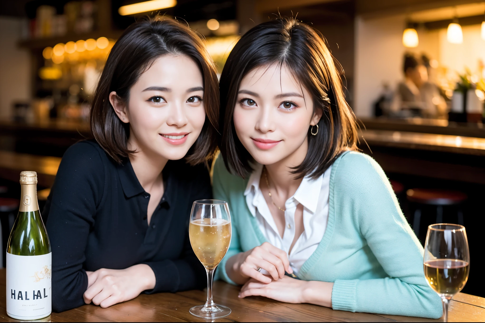 ((highest quality、8k、masterpiece:1.3))、1 male、1 female、Half Couple、Spouse、Brown Hair Couple、The body is slim、((Bob Hale、Straight hair:1.2)), (Realistic, Intricate details:1.2), Wine glass on the table、Put the light on your face、 Amazing view of the sunset sky and clouds、Amazing mountain views、A bright smile、The wonderfulness of smile、Bright image、The beauty of wine, Beautiful Face, blue eyes, The light shines on your face, Blushing, short hair,Bright Face、 (Age 37), 39 years old, red wine 、Appetizers、Italian food、Wine bottle、Champagne、sparkling wine、Two beauties、Brown Hair、Shortcuts、Long sleeve shirt、dress、Pretty Woman 1, (Slim face), (The body is slim), (Brown Hair), (Shortcuts), cheeks turn a little red,Attractive beauty、restaurant, In a prominent place (From the waist up) Nova Frog Style, actress, model, Upper Body, White wine, slim, wine glass, A wine glass placed in the center, smile, (smile: 1.15), Beautiful fine grain, Depth f/2,saturation, High Contrast, Strong light and shadow,Moist Body:1.5、3D texture、Delicate eyes、Brown Hair、The hair is very shiny、