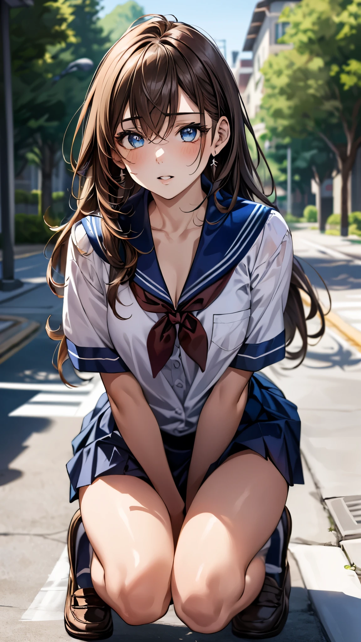 (masterpiece:1.3, top-quality, ultra high res, ultra detailed), (realistic, photorealistic:1.2), beautiful illustration, perfect lighting, colorful, depth of fields, 
beautiful detailed hair, beautiful detailed face, beautiful detailed eyes, beautiful clavicle, beautiful body, beautiful chest, beautiful thigh, beautiful legs, beautiful fingers, 
looking at viewer, 1 girl, high school girl, perfect face, (perfect anatomy, anatomically correct), cute and symmetrical face, babyface, , shiny skin, 
(long hair:1.5, straight hair:1.6, rosy brown hair), asymmetrical bangs, hair between eyes, blue eyes, drooping eyes, long eye lasher, (medium breasts), slender, 
(detailed cloth texture), short sleeve, blue sailor suit, pleated skirt, red sailor scarf, 
(beautiful scenery), summer, evening, (school yard:1.2), squatting, (wince, panicking, parted lips), 