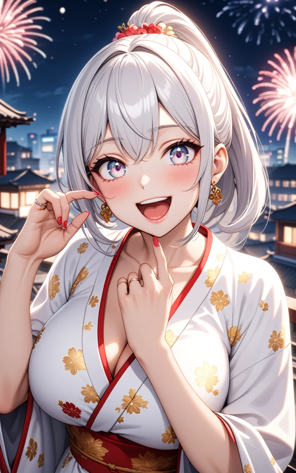 ((one personの女性)), Beautiful Face,Laughing embarrassedly,Laughing with your mouth open,(Bright red cheeks),Glossy pink lips,night,rooftop,firework,((Anime style background)),masterpiece, highest quality, so beautiful, Latest, Complex details, (Pink long nails),(ring),AI-generated, Complex,High resolution, highest quality, super high quality,3D Images、View your viewers、3D Images,one person,Long white hair,High Ponytail,blue eyes,Anime woman posing for a photo, ((Fine grain、Silvery white colorful eyes、Shining Eyes:1.3)),(Squint your eyes:1.1),a hyperRealistic , hyperRealistic , Realistic,Anime woman with long and white hair, Smooth anime CG art, A woman in a colorful kimono with gold embroidery, (White kimono),Red floral pattern,Long flower hair ornament,Big earrings,Mature Body,(Big Breasts:1.1),Tall,Big Ass,Fine details,Narrow waist,Abdominal muscles,Shooting from an angle,(Face close-up:1.1),(clasping their hands in front of their mouth with a delighted expression),