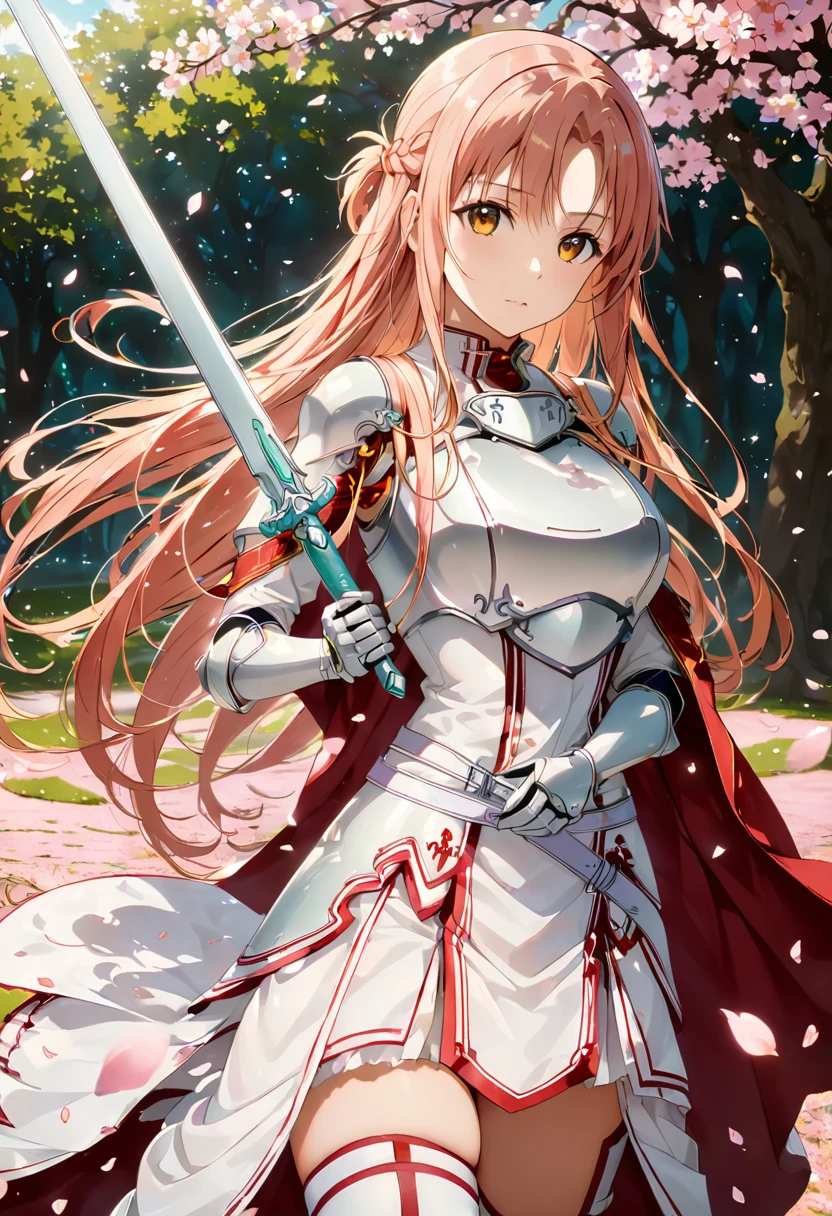 alone, 1 girl, Yuuki Asuna, keep, arms, Focus on women, sword, Cape, armor, Warrior sword, Helmet, Handguard, sheath,  armor, full armor, Integrated Knight，Cherry blossoms bloom all over the ground，Background of falling cherry blossom petals　(((masterpiece)))， ((highest quality))， ((Intricate details))　(8k)