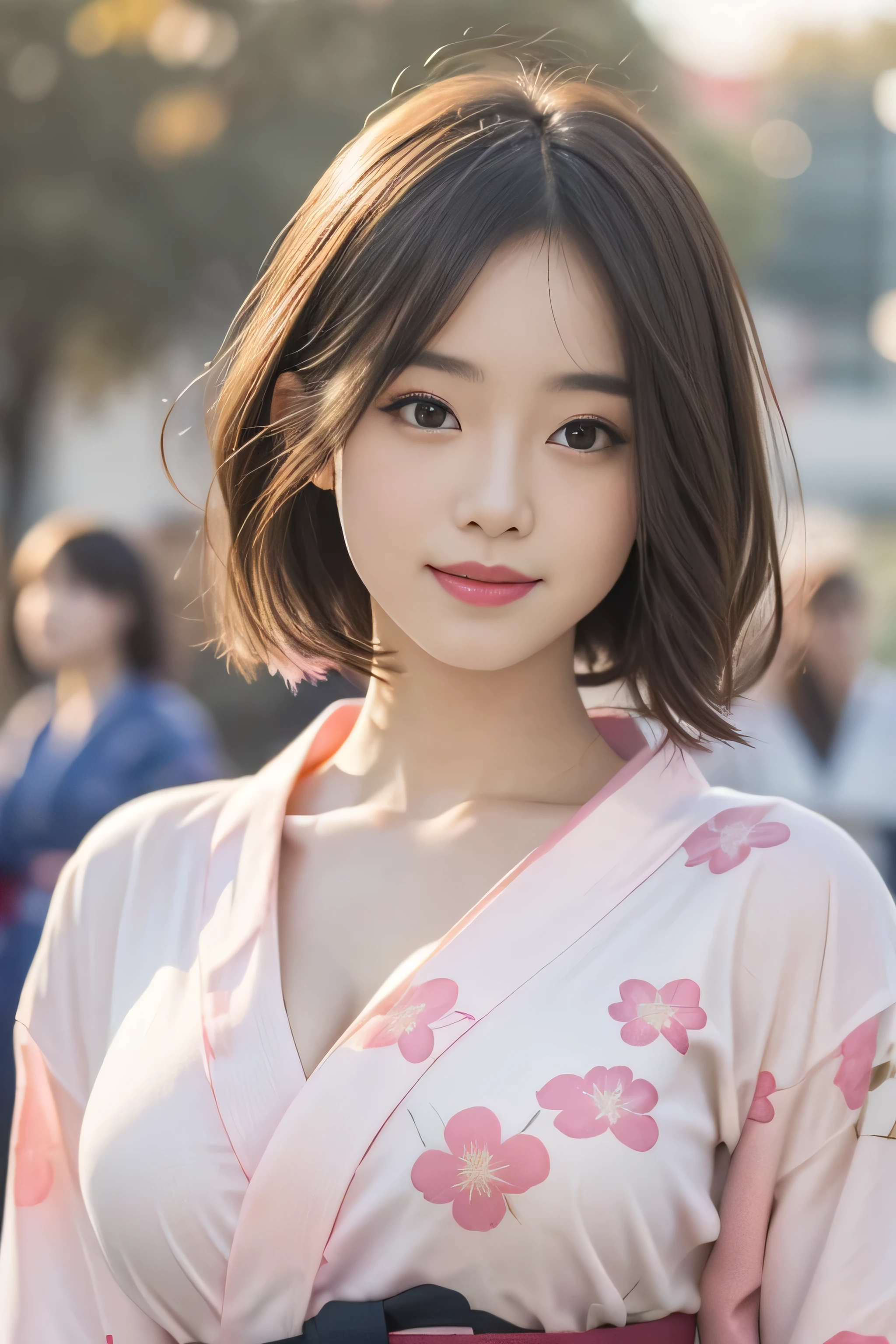 （8k、Raw photo、highest quality、masterpiece：1.2),(long bob cut),looking at the viewer,Looking at the front,sexy pose, strong,erotic,student,white skin,knees,absurd,small face,Part the front hair from the center、I can see the forehead,(please be shy,tight eyes,glare,strong,skinny,skinny,get annoyed)、masterpiece,highest quality、超A high resolution,one person, solo,close up shot、cute、Return to student,(Neat pink-based floral pattern yukata:1.5),high school girl,japanese woman,standing,（Photoreal：1.37）、photon mapping,realistic、cutesmall face,brown eyes、prospect、Depth of the bounds written、blurred background、picture,girls、(I can see the front hair), hair,  I can see the knees,thin clothing,, thigh,Nogizaka Idol, actress、natural breasts、cleavage、Super fine、low person、(Skin with visible pores:1.2)、(focus on face)、Check and correct garment structure, (Large Breasts:1.2),
