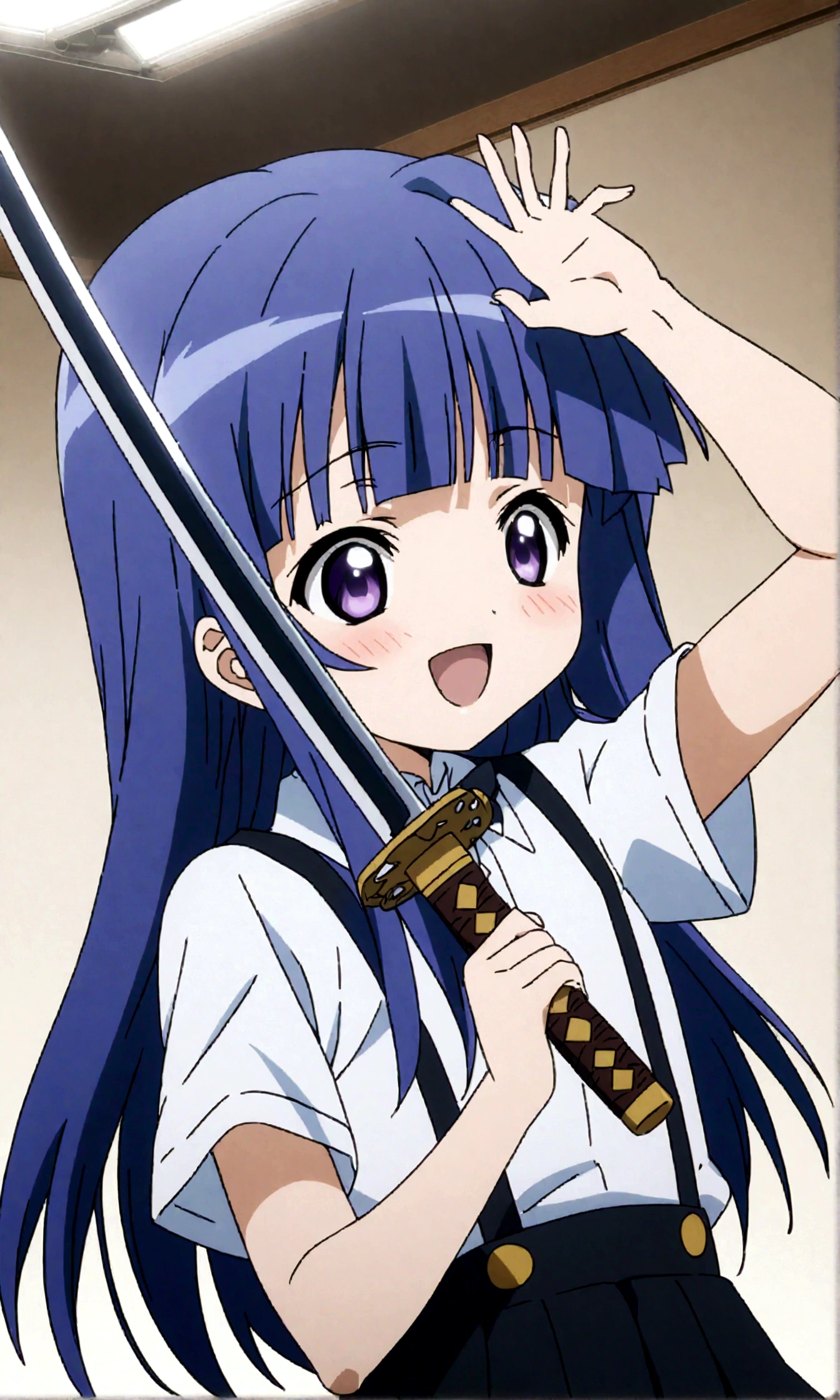 score_9,score_8, score_8_up, BREAK from side,1girl, solo, furude rika, (tween), kawaii, blue hair, purple eyes, long hair, blunt bangs, bangs,, bow, skirt, shirt, suspenders, smile, short sleeves, pleated skirt, white shirt, open mouth, :d, red bow, ,^_^, suspender skirt, , black skirt, collared shirt, blush, bowtie, blunt bangs, dress shirt,masterpiece, best quality, source_anime,ceiling, ceiling light, great lighting, detailed shadows, detailed body, anime artwork,anime style, key visual, vibrant, studio anime, highly detailed, anime coloring,,mediumshot,,weapon, katana, holding sword, ready to draw, sheathed, unsheathing, scabbard,,simple background, white background.