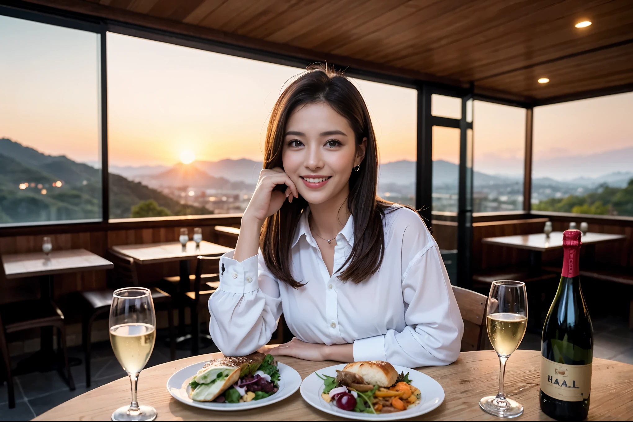 ((highest quality、8k、masterpiece:1.3))、1 male、1 female、Spouse、Beautiful couple、smile、 (Slim face), (the body is スリム), (Brown Hair), (Shortcuts), ((Bob Hale、Straight hair:1.2)), Wine glass on the table、Please shine a light on my face、 Amazing view of the sunset sky and clouds、Amazing mountain views、The beauty of a smile、Bright image、Blushing, Shortcuts,Bright Face、 (42 years old), 39 years old, red wine 、Appetizers、Italian food、Wine bottle、Champagne、sparkling wine、Long sleeve shirt、dress、Attractive beauty、restaurant, Nova Frog Style, actress, model, Upper Body, White wine, red wine, wine glass, 