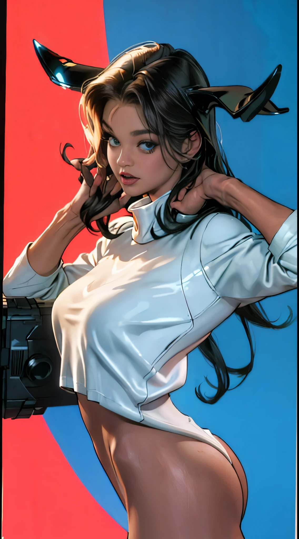 Rita Faltoyano a sexy white armor with blue circuits, cleavage, futurista cyberpunk, longas meias de renda branca(((corpo inteiro))) no painel de quadrinhos, corpo todo, bold lineart illustration comics, Cabelos preto longo, olhos azuis sedutores, parted lips, Corpo perfeito, big boobs, big booty, curved, Fitness, nsfw, ao estilo de Adam Hughes, (((obra prima))), (((adulto))) Explore retro-futuristic aesthetics, highlighting your confidence and skill. In the top of building. big city night