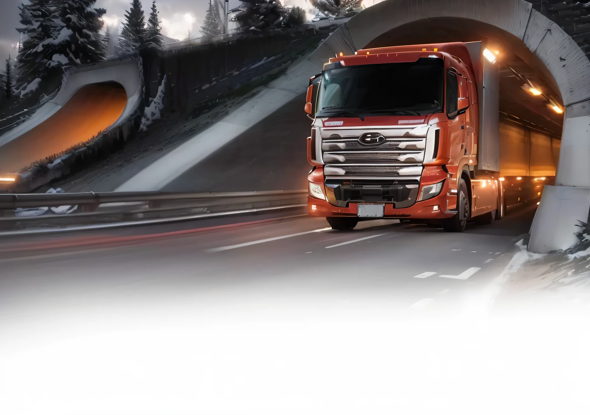 there is a truck driving through a tunnel on a highway, Ad Image, new design, truck, photo, advanced highway, crisp smooth lines, Smooth design, Popular photo, HD, overtake, Thumbnail, "High quality images", 2070, overtake detailed, rectangle, New Cars, background, Portrait shoot, Versatile, car, Sleek design, translucent