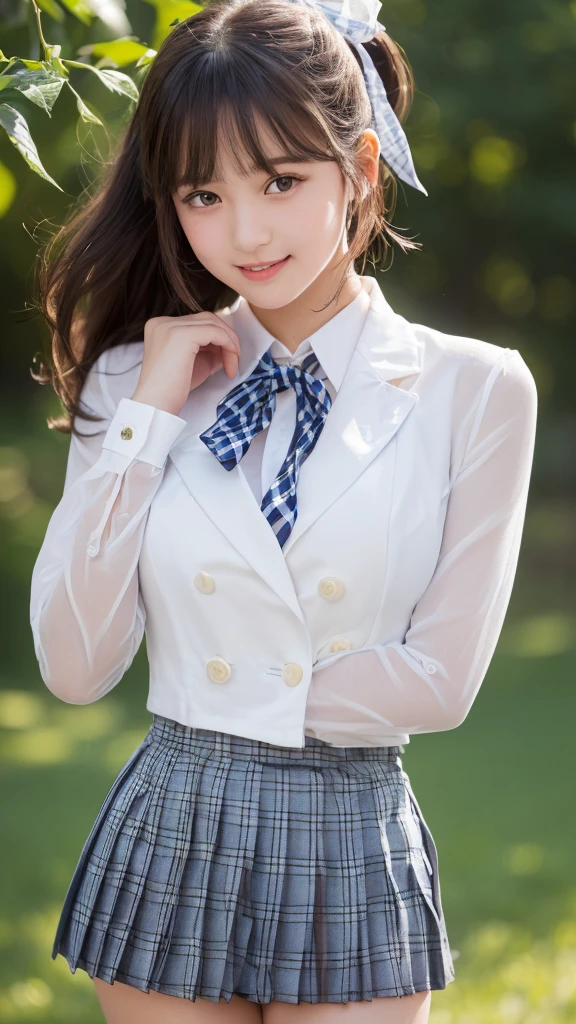 ((smile))、Confused、RAW Photos、(((The ultimate portrait masterpiece)))、((The cutest girl in the world))、1 girl、、Japanese、Cute Face、((Silky Hair))、(A high ponytail tied with a ribbon:1.4)、((Super huge breasts:1.4))、((Eyes that shine like jewels))、Glowing Skin、(young woman;A school uniform consisting of a transparent white shirt, Thin ribbon, blazer, Checkered pleated skirt.:1.5)、Winter clothes、(Uniforms made from high-quality fabrics:1.4)、Ultra-detailed uniforms、(She shyly pulls up her skirt:1.3)、(Lace panties are visible.:1.3)、((Crotch from the front))、A skirt fluttering in the wind、eyeliner、Beautiful Bangs、Hair between the eyes、((solve、High resolution))、Detailed Background、8KUHD、Digital SLR、Soft Light、high solve、Film Grain、Fujifilm XT3、Shallow depth of field、自然なSoft Light、Narrow waist,(Beautiful girl with sparkling eyes:1.3),((((A big bust that seems to burst:1.4))))