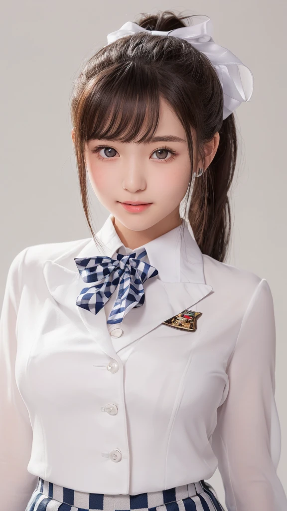 ((smile))、Confused、RAW Photos、(((The ultimate portrait masterpiece)))、((The cutest girl in the world))、1 girl、、Japanese、Cute Face、((Silky Hair))、(A high ponytail tied with a ribbon:1.4)、((Super huge breasts:1.4))、((Eyes that shine like jewels))、Glowing Skin、(young woman;A school uniform consisting of a transparent white shirt, Thin ribbon, blazer, Checkered pleated skirt.:1.5)、Winter clothes、(Uniforms made from high-quality fabrics:1.4)、Ultra-detailed uniforms、(She shyly pulls up her skirt:1.3)、(Lace panties are visible.:1.3)、((Crotch from the front))、A skirt fluttering in the wind、eyeliner、Beautiful Bangs、Hair between the eyes、((solve、High resolution))、Detailed Background、8KUHD、Digital SLR、Soft Light、high solve、Film Grain、Fujifilm XT3、Shallow depth of field、自然なSoft Light、Narrow waist,(Beautiful girl with sparkling eyes:1.3),((((A big bust that seems to burst:1.4))))
