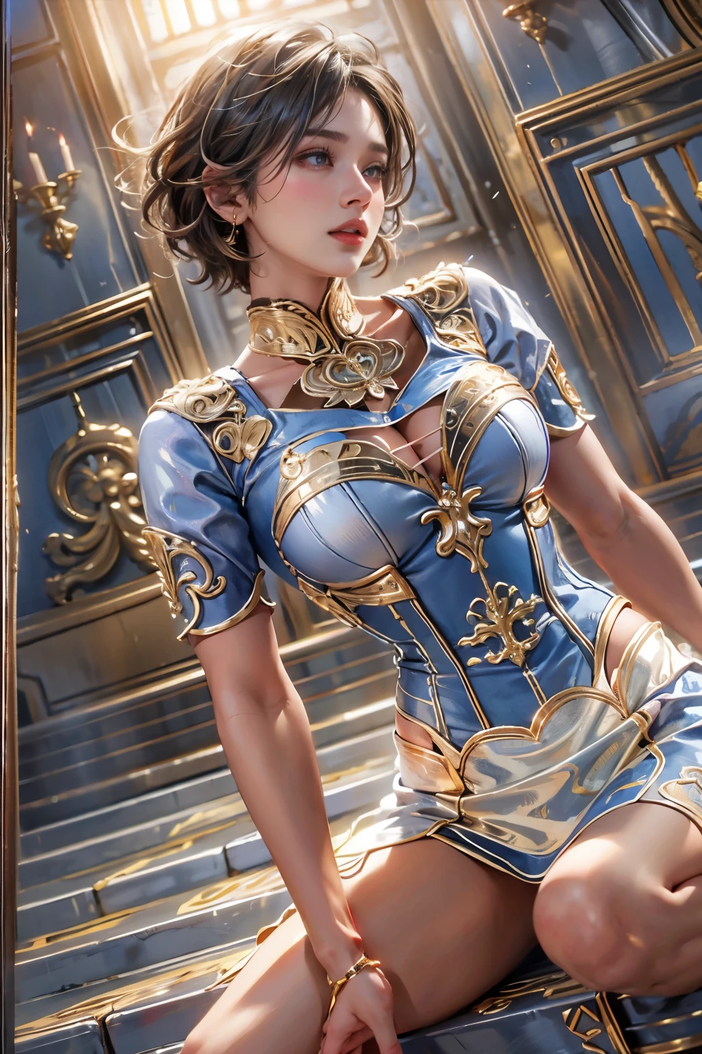 highest quality, Realistic, photoRealistic, Award-winning illustrations, (Intricate details: 1.2), (Subtle details), (Intricate details), (Cinematic Light, Super sexy short hair super girl, huge firm bouncing bust