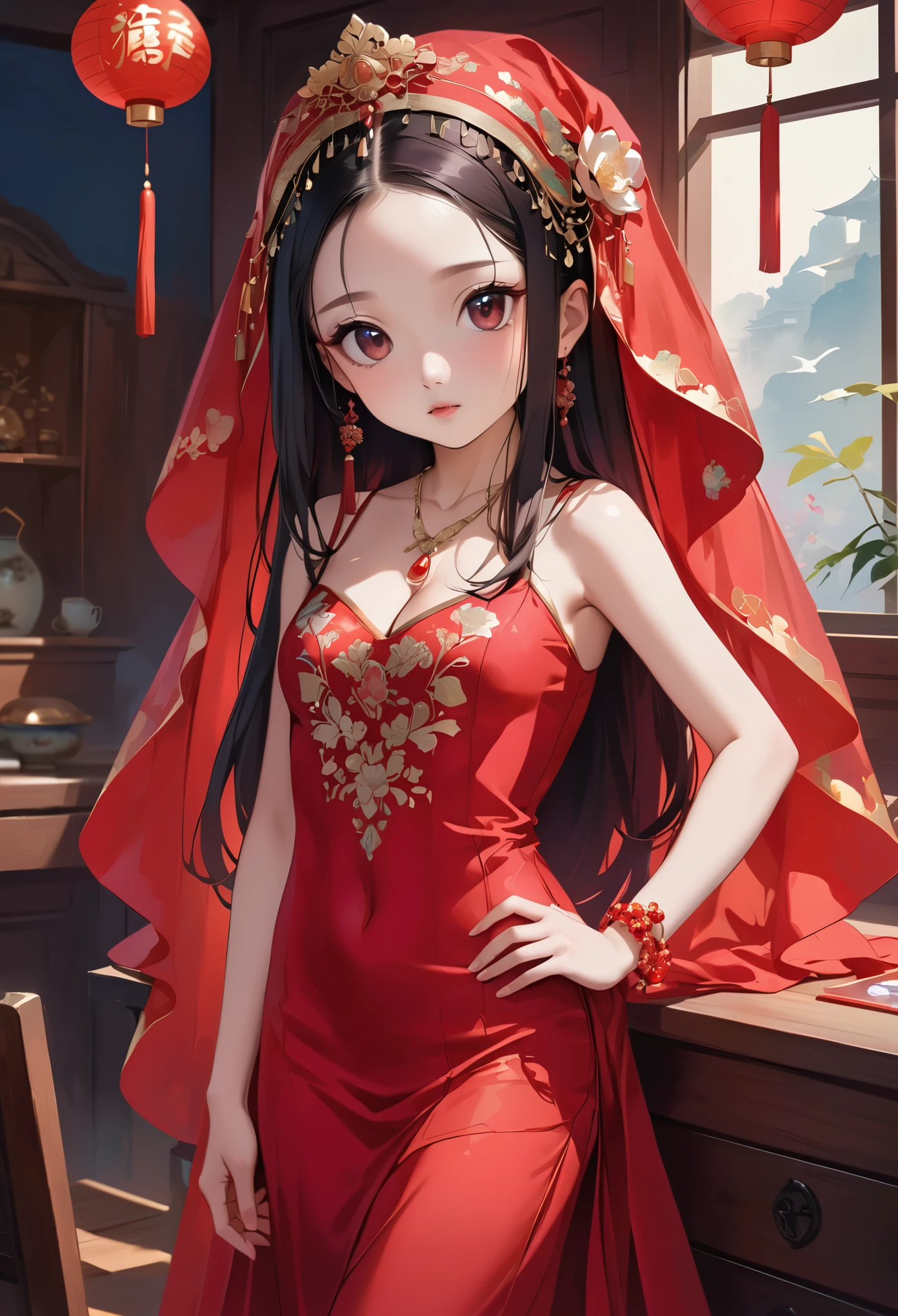 very long hair,（（（Eyes are very delicate）））（（（hair accessories）））（（（veil）））,necklace,Misako wears a red transparent sexy silk dress, ((skin glowing))The room is filled with Chinese New Year decorations（（（masterpiece）））, （（best quality））, （（intricate details））, （（Surreal））（8k）, loli