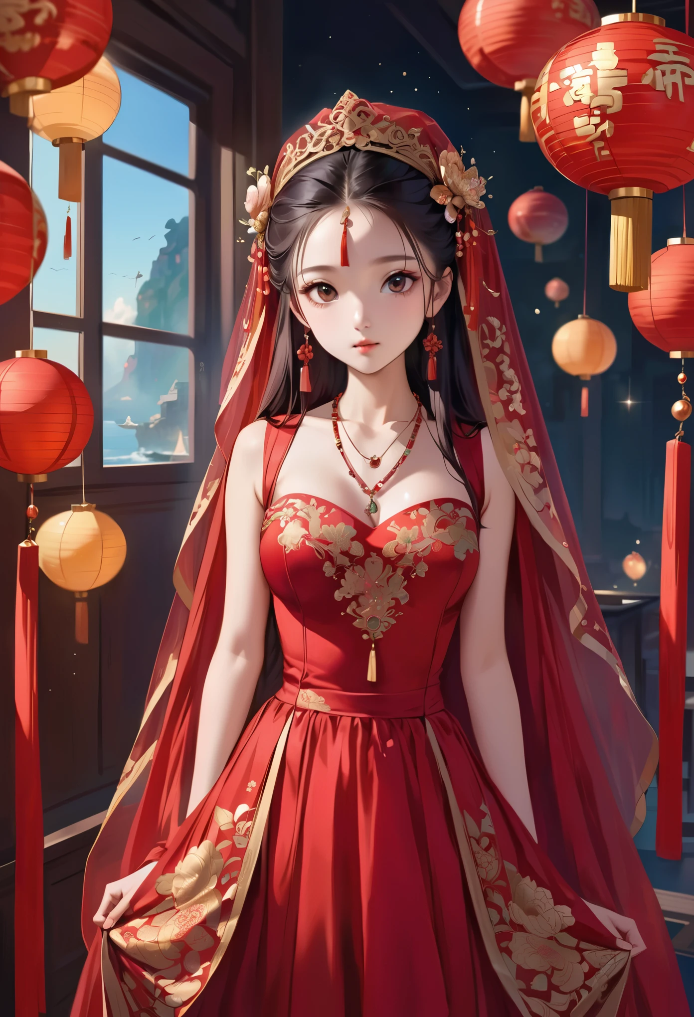 very long hair,（（（Eyes are very delicate）））（（（hair accessories）））（（（veil）））,necklace,Misako wears a red transparent sexy silk dress, ((skin glowing))The room is filled with Chinese New Year decorations（（（masterpiece）））, （（best quality））, （（intricate details））, （（Surreal））（8k）, loli