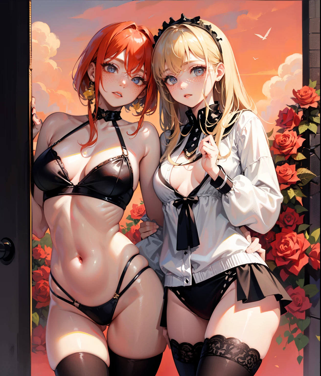 Dynamic posing, dynamic angle, Arrange pose,Top quality work,Show Legs,2 girls, kissing, freckles, 16 years old, Rose cheeks, Pretty cute Face, A perfectly proportioned face,full-body view, amazing, small round chest、Beautiful eye details、Beautiful eyelashes、beautiful double eyelid, with blush cheeks,