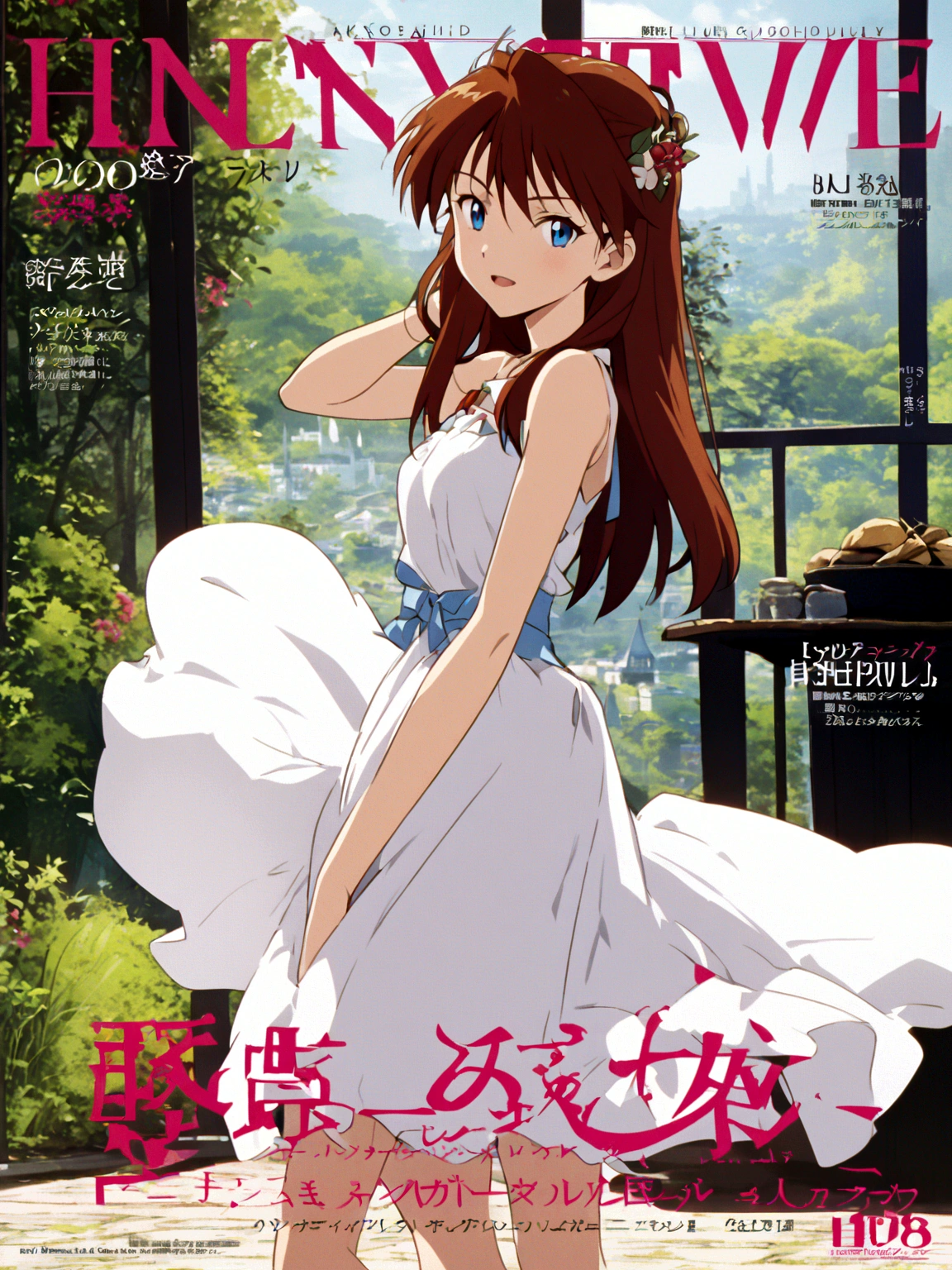 Langley Soryu, Long Hair, bangs, blue eyes, Brown Hair, hair ornaments,Magazine Cover, Anime Style