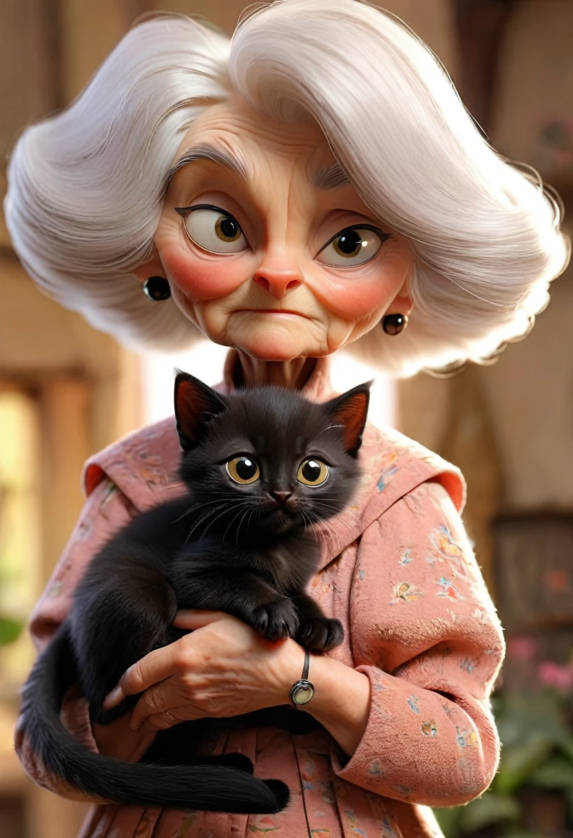 Old woman holding a black kitten