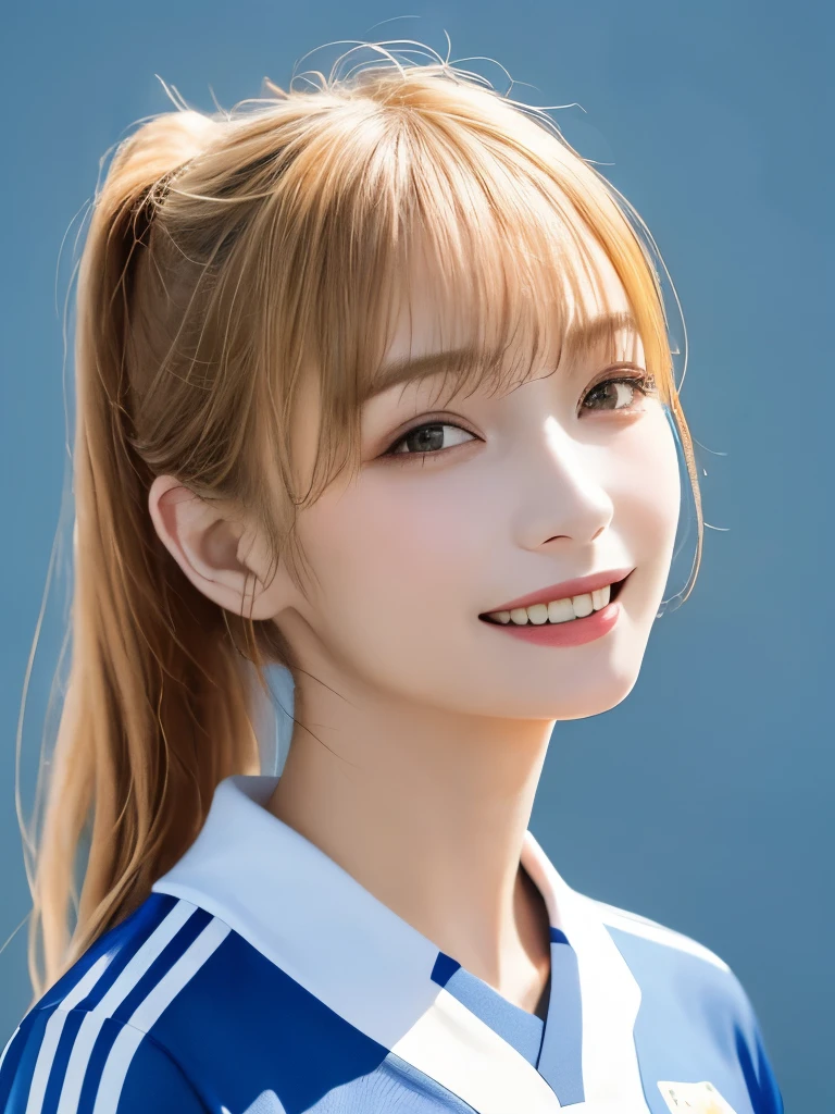 (highest quality、8k、32k、masterpiece)、(Realistic)、(Realistic:1.2)、(High resolution)、Very detailed、Very beautiful face and eyes、1 girl、Round and small face、Tight waist、Delicate body、(close、highest quality、Attention to detail、Rich skin detail)、(highest quality、8k、Oil paints:1.2)、(Realistic、Realistic:1.37)、Bright colors、(((Blonde)))、(((Upper Body Shot)))、(((Long Hair)))Looks happy、(((White wall background)))、(((Happy expression)))、(((Soccer uniforms)))、(((青いSoccer uniforms)))、(((smile)))、(((Blue and white uniform)))、Side Ponytail