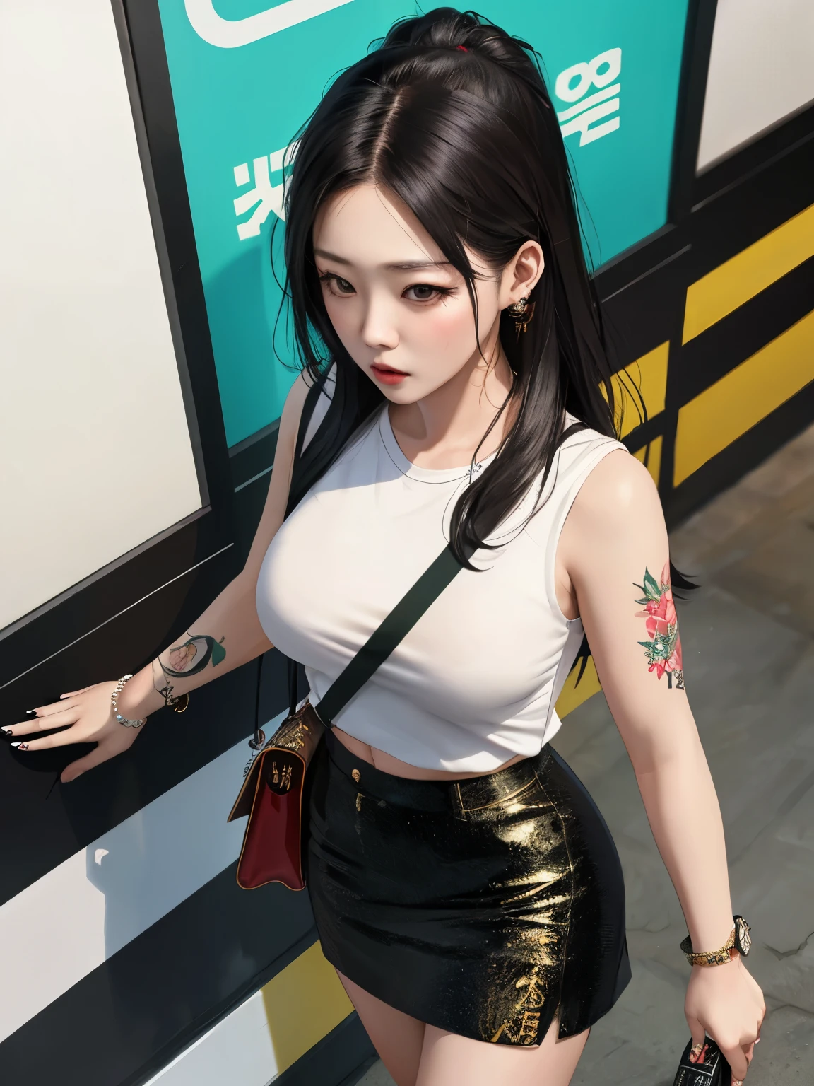 Korean gangster girl, (30 years old), in the shopping mall, skirt, tattoo, arrogant expression, (from above view), (masterpiece, best quality, extremely detailed, hyper realistic)