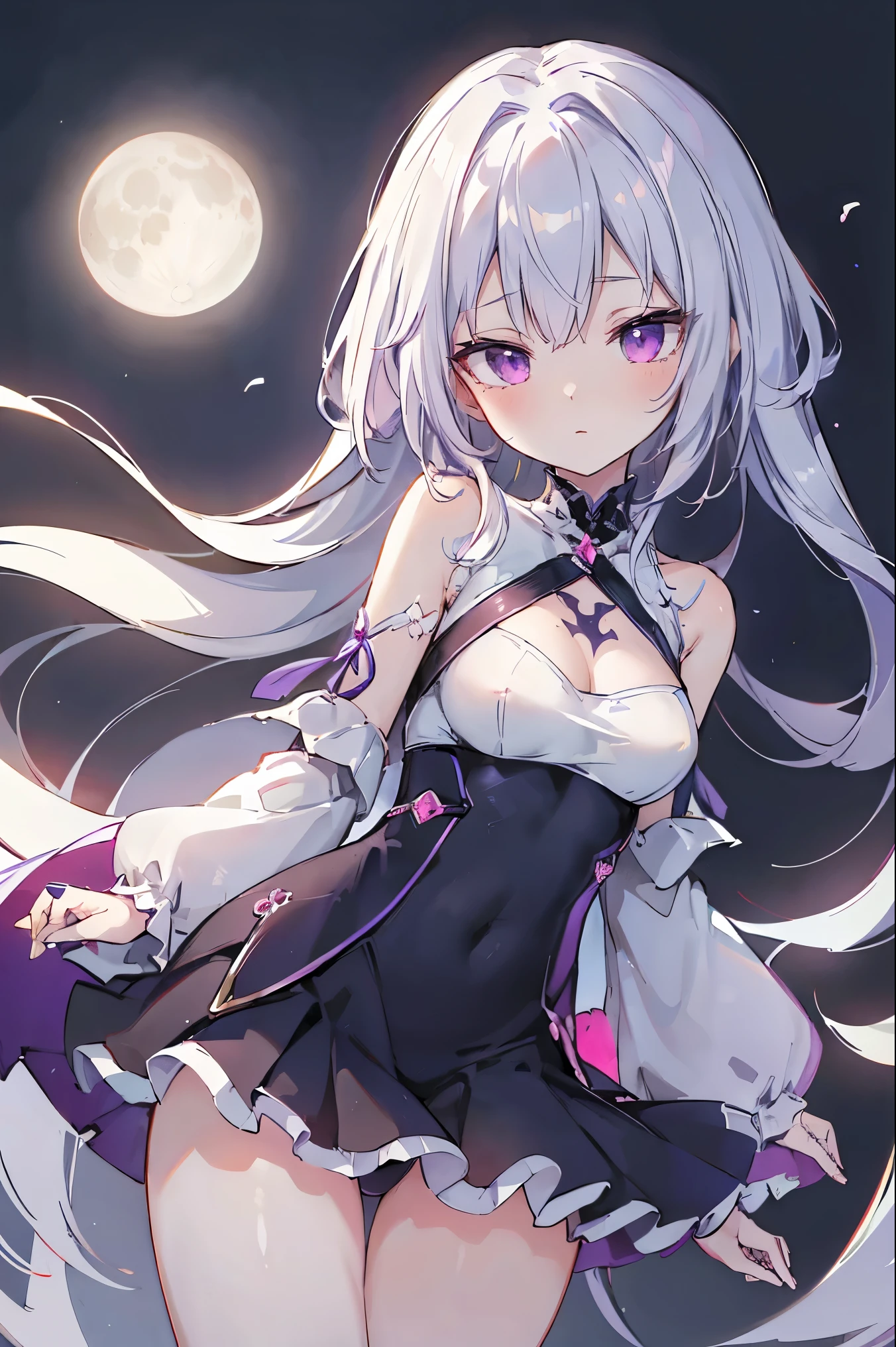 1girl, anime, cute girl, blank background, white background, fantasy, detailed fantasy dress with highlights, beautiful face, beautiful eyes, dark colors, black hair with multicolor streaks, red eye with different color pupil in eye, multicolor eye, medium breasts, slight cleavage, beautiful skin, cute, breast curtains, extremely delicate and beautiful, (beautiful detailed face:1.0), (detailed deep eyes), symmetrical breasts, deep eyes, shiny skin, portrait, slender waist, hips wider than shoulders, thighs, expressionless, young girl, luminous eyes, adorable,(Kpop idol),(aegyo sal:1),(Platinum blonde hair:1),((puffy eye)),Black panty,sexy posture,Superskirt, Ultra-high resolution,Black collar,slim figure, Abdominal y tattoo, womb tattoo,Tight-fitting leg ring,y tattoo on half-body,Bare skin, Armored hand,Hidden fingertips,Hand covered,Arm covered,Fist covered,{{beautiful detailed fingers}}, tufts of hair, moderate beautiful breast:1.0,(masterpiece:1.2), best quality, high-res, HDR, perfect face, intricate armor, delicate blue filigree, intricate filigree, red metalic parts, detailed part, dynamic pose, dynamic lights, cute face, neutral expression, shuimobysim, lotus, hanfu, maxi skirt, dress conservatively 1girl, solo, long blue hair, standing, One lady,14years,((White hair) ,(Shiny purple bodysuit with microskirt),((Fantasy, Moon Night)), gradient_eyes,