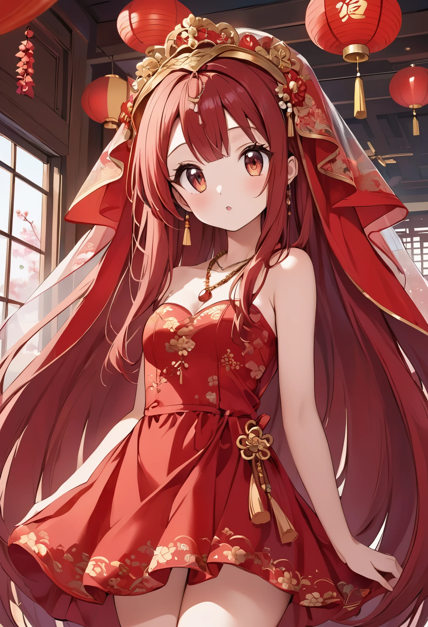 very long hair,（（（Eyes are very delicate）））（（（hair accessories）））（（（veil）））,necklace,Misako wears a red transparent sexy silk dress, ((skin glowing))The room is filled with Chinese New Year decorations（（（masterpiece）））, （（best quality））, （（intricate details））, （（Surreal））（8k）, loli