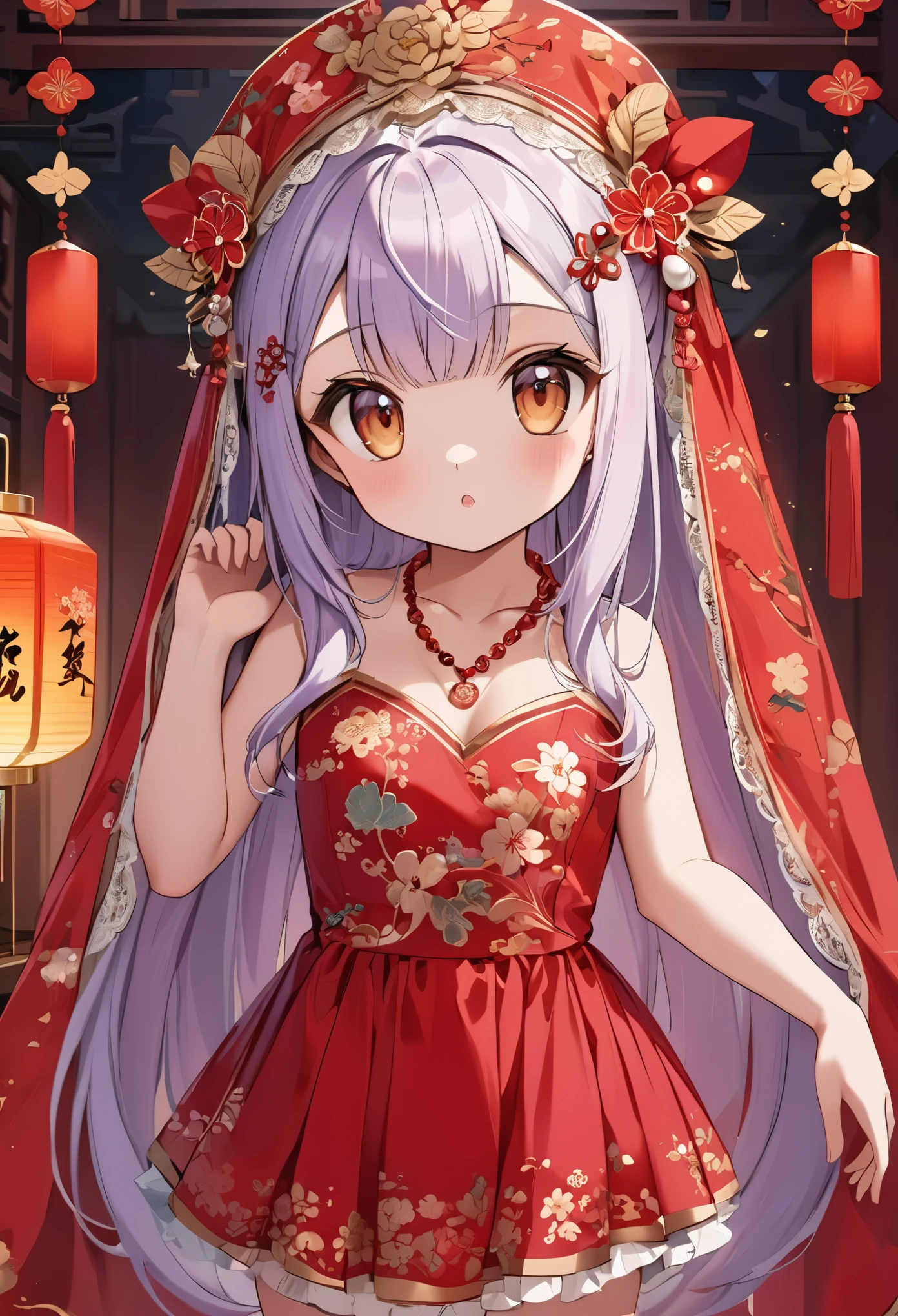 very long hair,（（（Eyes are very delicate）））（（（hair accessories）））（（（veil）））,necklace,Misako wears a red transparent sexy silk dress, ((skin glowing))The room is filled with Chinese New Year decorations（（（masterpiece）））, （（best quality））, （（intricate details））, （（Surreal））（8k）, loli