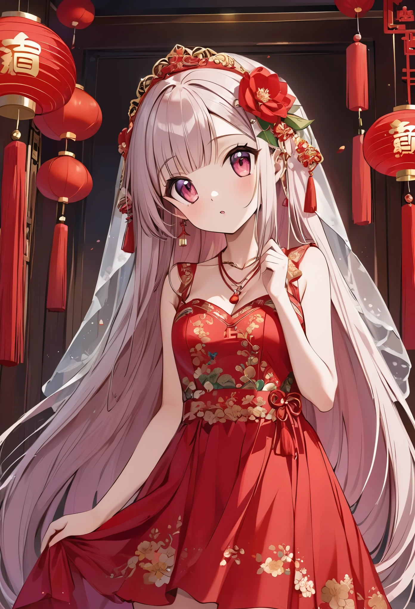 very long hair,（（（Eyes are very delicate）））（（（hair accessories）））（（（veil）））,necklace,Misako wears a red transparent sexy silk dress, ((skin glowing))The room is filled with Chinese New Year decorations（（（masterpiece）））, （（best quality））, （（intricate details））, （（Surreal））（8k）, loli