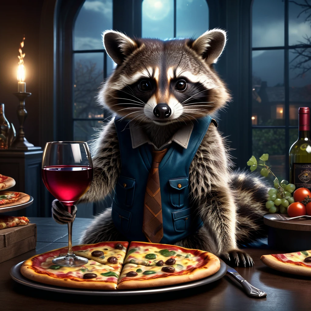 raccoon holding wine glass, raccoon with pizza, resident evil background, detailed realistic raccoon, detailed photorealistic raccoon, highly detailed, 8k, hyper realistic, cinematic lighting, dramatic lighting, moody lighting, dark moody atmosphere, warm colors, vibrant colors, intricate details, award winning photography, stunning visual effects