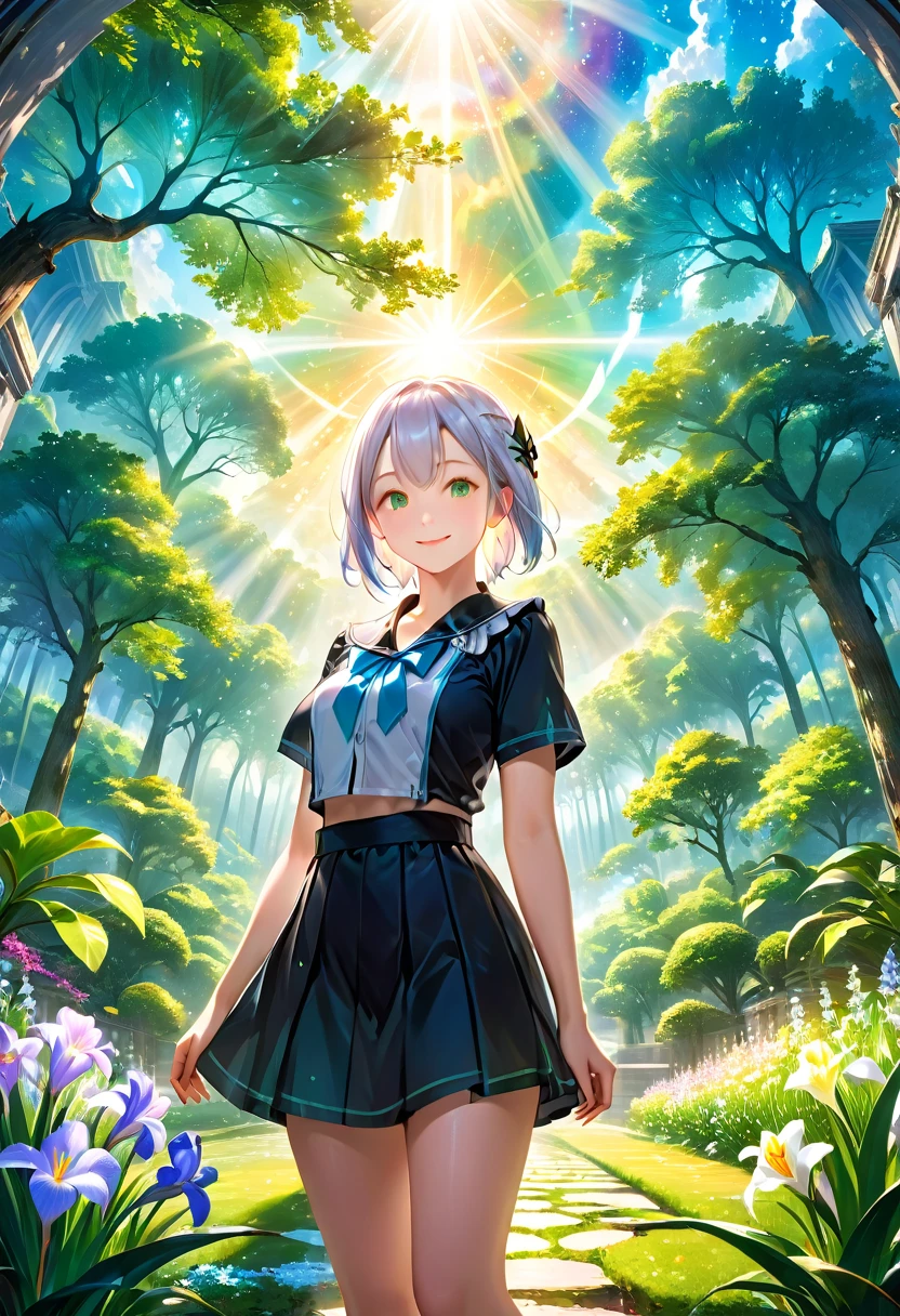 (Panorama, Center, Masterpiece, Highest Quality: 1.2), (8K, Raw Photos, Highest Quality), ((Masterpiece: 1.2)), Realistic, Ultra High Resolution, High Contrast, Photon Mapping, Vivid Colors, Composition seen from a distance, distant view, 26mm, Super Detailed, Raw Photos, Authentic, Official Art, RAW Photos, Professional Lighting, Lights, Vivid Atmosphere, finest illustration, best shadows),(An image with a composition with a large background and a small person), A smiling girl (Emilia princess from Re:Zero, elegant silver-haired girl with delicate features, beautiful detailed eyes, long eyelashes, full lips, colorful makeup, slim waist, wearing a academy uniform, short sleeve top, photorealistic, (best quality,4k,8k,highres,masterpiece:1.2),ultra-detailed,(realistic,photorealistic,photo-realistic:1.37), extremely detailed face and eyes, highly detailed iris, (cute)), A smiling girl and a black kitten are watching over the sprouts in the park, The park is bathed in soft morning light, and the trees and flowers are beautiful, giving a sense of the power of life, green and gold and silver gradients, the atmosphere where you can feel the excitement of adventure, an atmosphere of happiness and joy, a world view of high fantasy, a magnificent composition, beautifully depicted with the golden rule, Guardian nebulae of iridescent lights and silvery vapors, colors of corrosive siege rays, slimy air,
