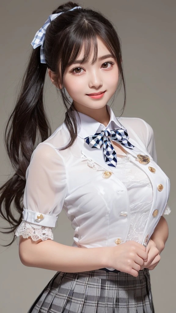 ((smile))、Confused、RAW Photos、(((The ultimate portrait masterpiece)))、((The cutest girl in the world))、1 girl、12 years old、Japanese、Cute Face、((Silky Hair))、(A high ponytail tied with a ribbon:1.4)、((Super huge breasts:1.4))、((Eyes that shine like jewels))、Glowing Skin、(young woman;A school uniform consisting of a transparent white shirt, Thin ribbon, blazer, Checkered pleated skirt.:1.5)、Winter clothes、(Uniforms made from high-quality fabrics:1.4)、Ultra-detailed uniforms、(She shyly pulls up her skirt:1.3)、(Lace panties are visible.:1.3)、((Crotch from the front))、A skirt fluttering in the wind、eyeliner、Beautiful Bangs、Hair between the eyes、((solve、High resolution))、Detailed Background、8KUHD、Digital SLR、Soft Light、high solve、Film Grain、Fujifilm XT3、Shallow depth of field、自然なSoft Light、Narrow waist,(Beautiful girl with sparkling eyes:1.3),((((A big bust that seems to burst:1.6))))
