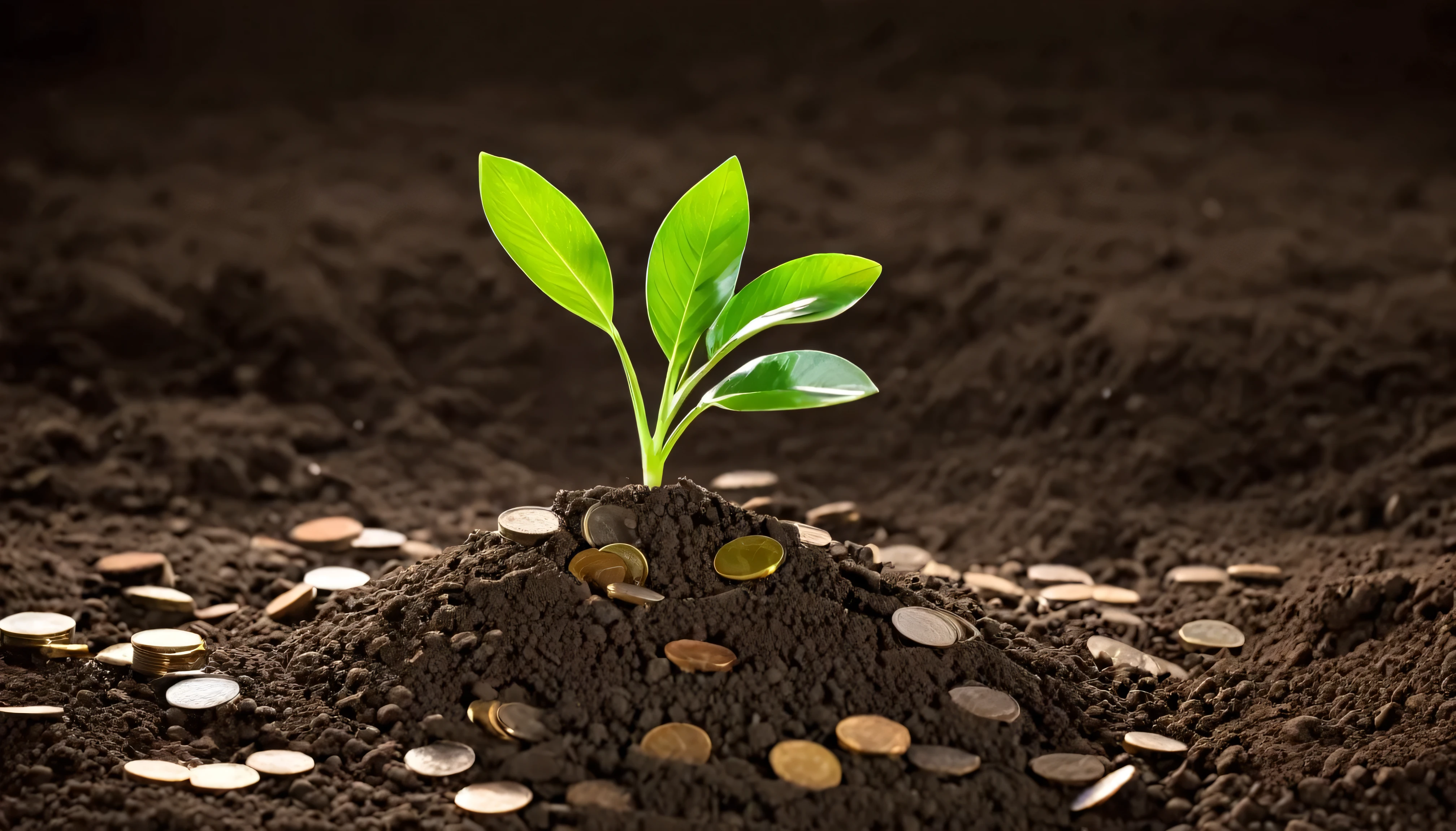 A young shoot grows easily on top of coins piled up in the dirt. The concept of small investment capital produces large growth