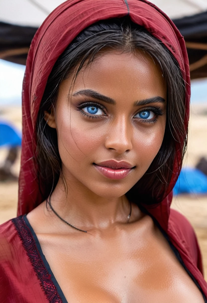 (muste piece, highest quality)((8k)),full body,super detailed,arab girl ,blue eyes ,photorealistic,dark bronze shiny skin,beautiful female mode,dark skin Black woman in redclothes from biblical times, blue eyes, living in a Bedouin tent,swety skin,horny,in mosque,wet skin smiling, (shiny skin), she is wet and intimate, she has a submissive expression, direct eye contact, hyperrealistic, unreal engine 5,Suggested pose, 8K