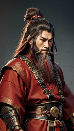 Oriental、Men in ancient Chinese costumes、ancient chinese hairstyle men、Three Kingdoms、Multiple warlords、highest quality、masterpiece、Ultra-high resolution、(Realistic:1.4)、Game Poster、Crisp and beautiful image quality、Red clothes、Long beard、I put a cylindrical box on my head、