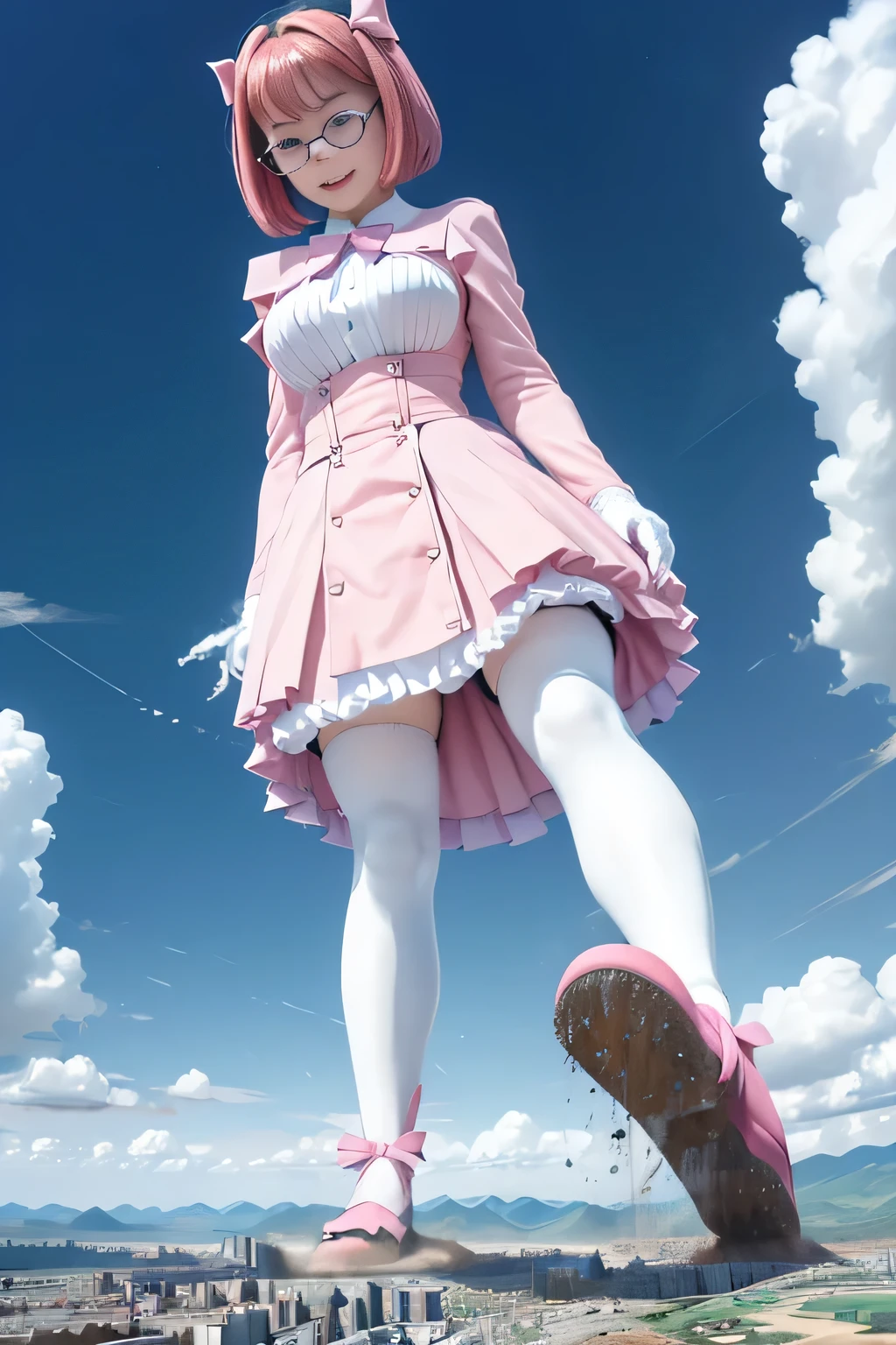 giantess art, highly detailed giantess shots, giantess, Two legs, Five fingers, short hair, A beautiful girl who is bigger than a skyscraper, Wearing rimless glasses, smile, Big Breasts, pink dress, bow, magical girl, pink gloves, pink pantyhose, no shoes on, toes visible through pantyhose, Steam coming out from the soles of my feet, Destroying cities, A very small big city, Miniature metropolis, Full body description, GTS, giga giantess, stomping city, crash city, tiny city, micro city, pantyhose feet, High resolution, highest quality, masterpiece, 