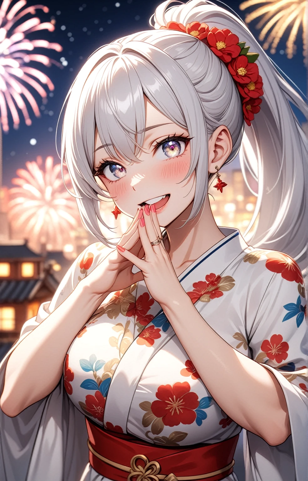 ((one personの女性)), Beautiful Face,Laughing embarrassedly,Laughing with your mouth open,(Bright red cheeks),Glossy pink lips,night,rooftop,firework,((Anime style background)),masterpiece, highest quality, so beautiful, Latest, Complex details, (Pink long nails),(ring),AI-generated, Complex,High resolution, highest quality, super high quality,3D Images、View your viewers、3D Images,one person,Long white hair,High Ponytail,blue eyes,Anime woman posing for a photo, ((Fine grain、Silvery white colorful eyes、Shining Eyes:1.3)),(Squint your eyes:1.1),a hyperRealistic , hyperRealistic , Realistic,Anime woman with long and white hair, Smooth anime CG art, A woman in a colorful kimono with gold embroidery, (White kimono),Red floral pattern,Long flower hair ornament,Big earrings,Mature Body,(Big Breasts:1.1),Tall,Big Ass,Fine details,Narrow waist,Abdominal muscles,Shooting from an angle,(Face close-up:1.2),(clasping their hands in front of their mouth with a delighted expression),