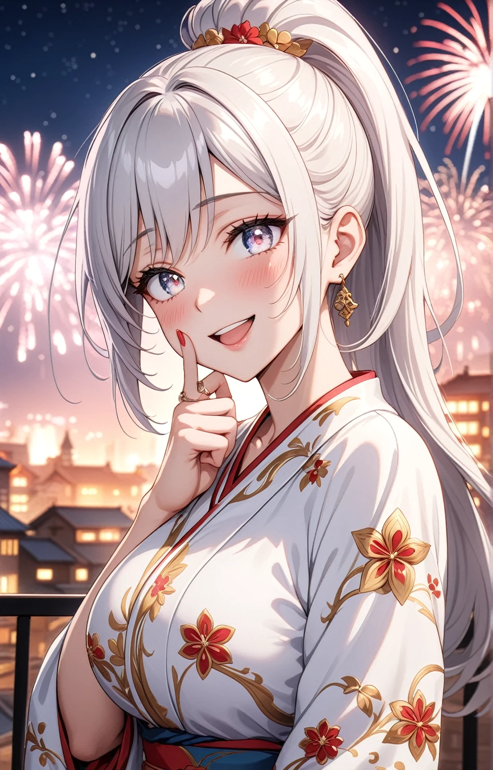 ((one personの女性)), Beautiful Face,Laughing embarrassedly,Laughing with your mouth open,(Bright red cheeks),Glossy pink lips,night,rooftop,firework,((Anime style background)),masterpiece, highest quality, so beautiful, Latest, Complex details, (Pink long nails),(ring),AI-generated, Complex,High resolution, highest quality, super high quality,3D Images、View your viewers、3D Images,one person,Long white hair,High Ponytail,blue eyes,Anime woman posing for a photo, ((Fine grain、Silvery white colorful eyes、Shining Eyes:1.3)),(Squint your eyes:1.1),a hyperRealistic , hyperRealistic , Realistic,Anime woman with long and white hair, Smooth anime CG art, A woman in a colorful kimono with gold embroidery, (White kimono),Red floral pattern,Long flower hair ornament,Big earrings,Mature Body,(Big Breasts:1.1),Tall,Big Ass,Fine details,Narrow waist,Abdominal muscles,Shooting from an angle,(Face close-up:1.2),(clasping their hands in front of their mouth with a delighted expression),