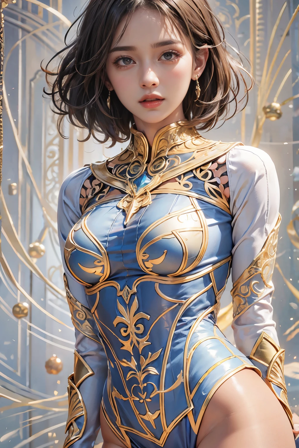 highest quality, Realistic, photoRealistic, Award-winning illustrations, (Intricate details: 1.2), (Subtle details), (Intricate details), (Cinematic Light, Super sexy short hair super girl, huge firm bouncing bust