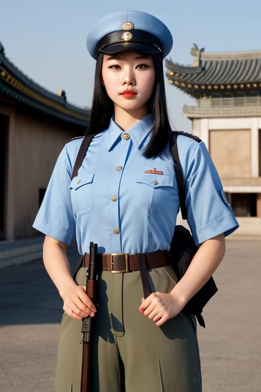 1 korean woman, big breasts, strikingly beautiful, delicate facial features, porcelain skin, expressive eyes, black hair, masterpiece, best quality, absurdres, high resolution, extremely detailed,1 korean girl,  NRA1936,NRA cap,cap badge, hat,light blue uniform, NRA soldier, black long hair, hime cut, blunt bangs, blue eyes, backpack,NRA uniform, holding bolt action rifle,    parody, propaganda poster of  female soldier, ((full shot)),DPRK Propaganda, city, landscape, republic of china flag,