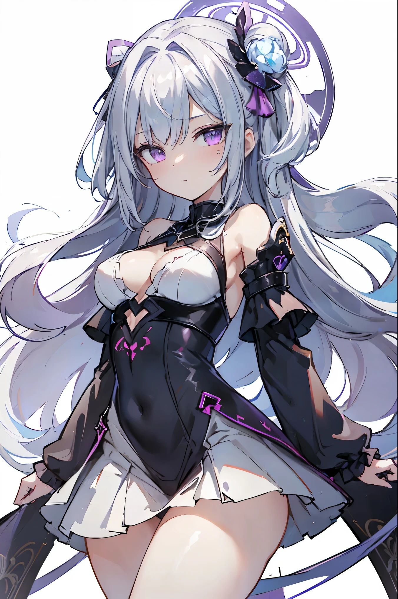1girl, anime, cute girl, blank background, white background, fantasy, detailed fantasy dress with highlights, beautiful face, beautiful eyes, dark colors, black hair with multicolor streaks, red eye with different color pupil in eye, multicolor eye, medium breasts, slight cleavage, beautiful skin, cute, breast curtains, extremely delicate and beautiful, (beautiful detailed face:1.0), (detailed deep eyes), symmetrical breasts, deep eyes, shiny skin, portrait, slender waist, hips wider than shoulders, thighs, expressionless, young girl, luminous eyes, adorable,(Kpop idol),(aegyo sal:1),(Platinum blonde hair:1),((puffy eye)),Black panty,sexy posture,Superskirt, Ultra-high resolution,Black collar,slim figure, Abdominal y tattoo, womb tattoo,Tight-fitting leg ring,y tattoo on half-body,Bare skin, Armored hand,Hidden fingertips,Hand covered,Arm covered,Fist covered,{{beautiful detailed fingers}}, tufts of hair, moderate beautiful breast:1.0,(masterpiece:1.2), best quality, high-res, HDR, perfect face, intricate armor, delicate blue filigree, intricate filigree, red metalic parts, detailed part, dynamic pose, dynamic lights, cute face, neutral expression, shuimobysim, lotus, hanfu, maxi skirt, dress conservatively 1girl, solo, long blue hair, standing, One lady,14years,((White hair) ,(Shiny purple bodysuit with microskirt),((Fantasy, Moon Night)), gradient_eyes,