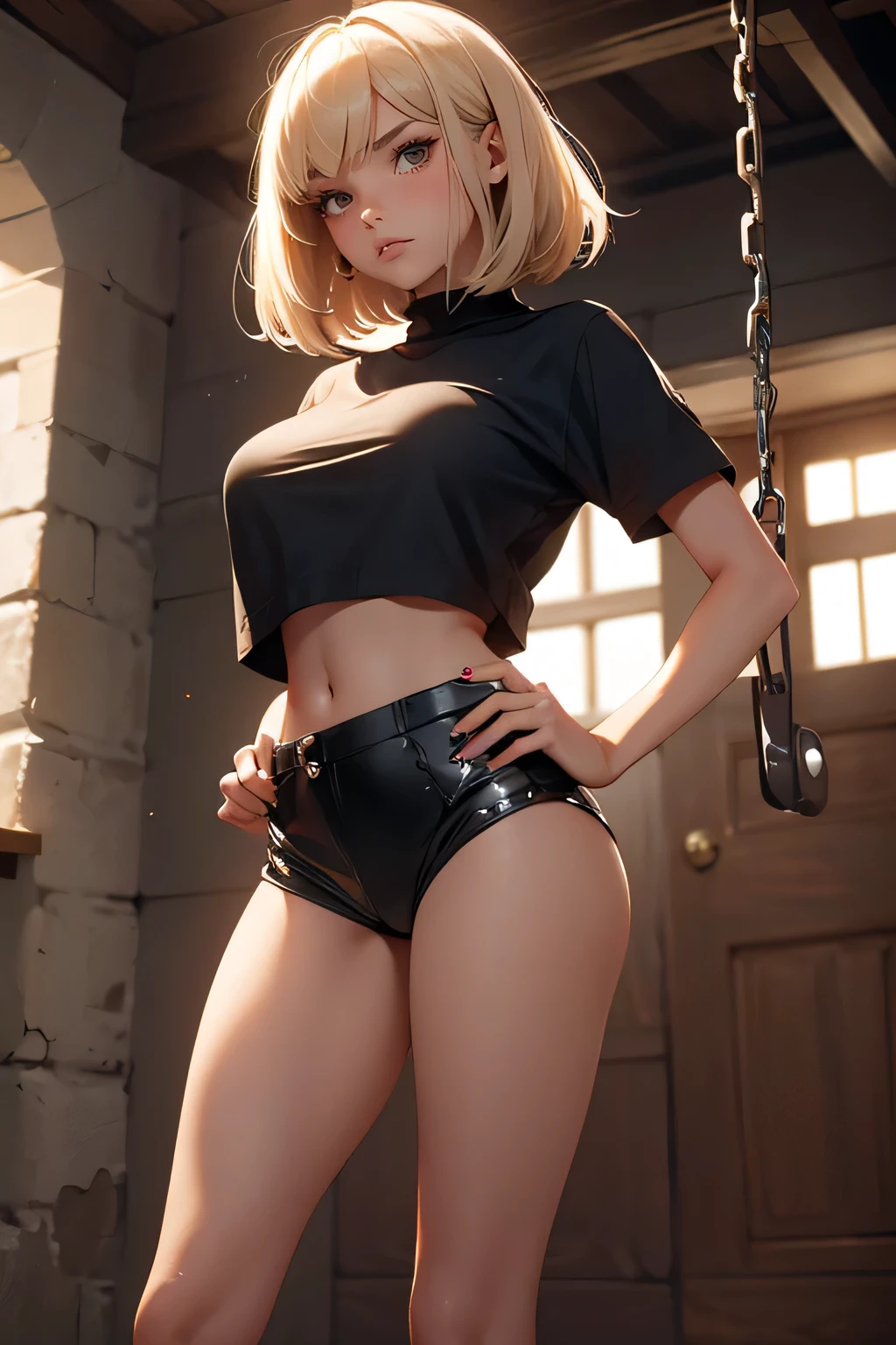 Teenage girl 18 years old, model, blonde, bob haircut, bangs, make-up, manicure, brown eyes, tanned, wearing a cropped top and very short shorts, nice figure, long legs, hot summer, sweating heavily, girl chained and shackled, girl's hands behind her back handcuffed and chained, handcuffed, hands tied behind her back, captive, slave, captivity, dungeon, imprisonment, bound
