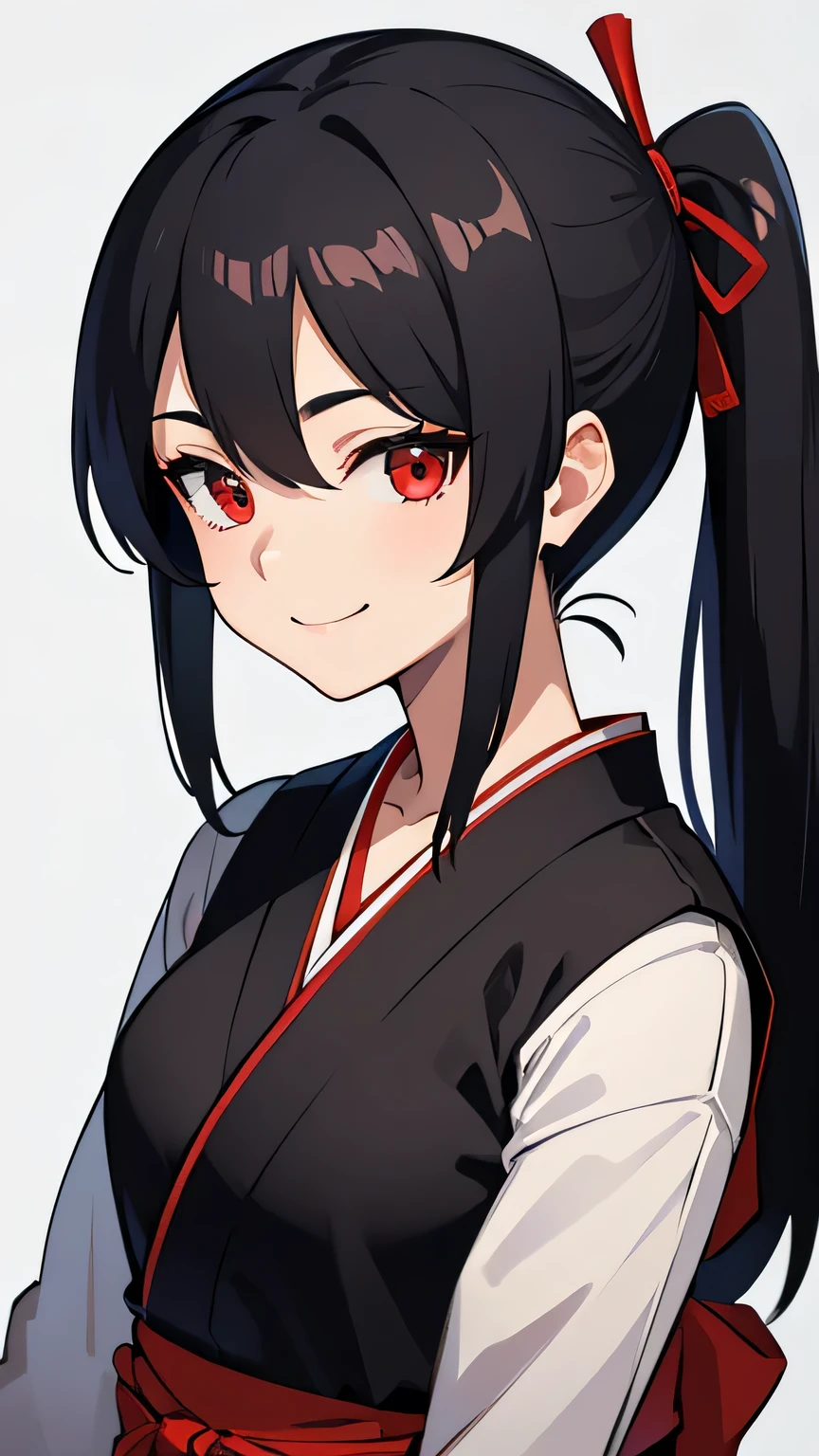 highest quality、Realistic、Women、Japanese、zoom、Black Hair、Red eyes、ponytail、Hakama、Grim face、Looking down、smile、Bust Shot、