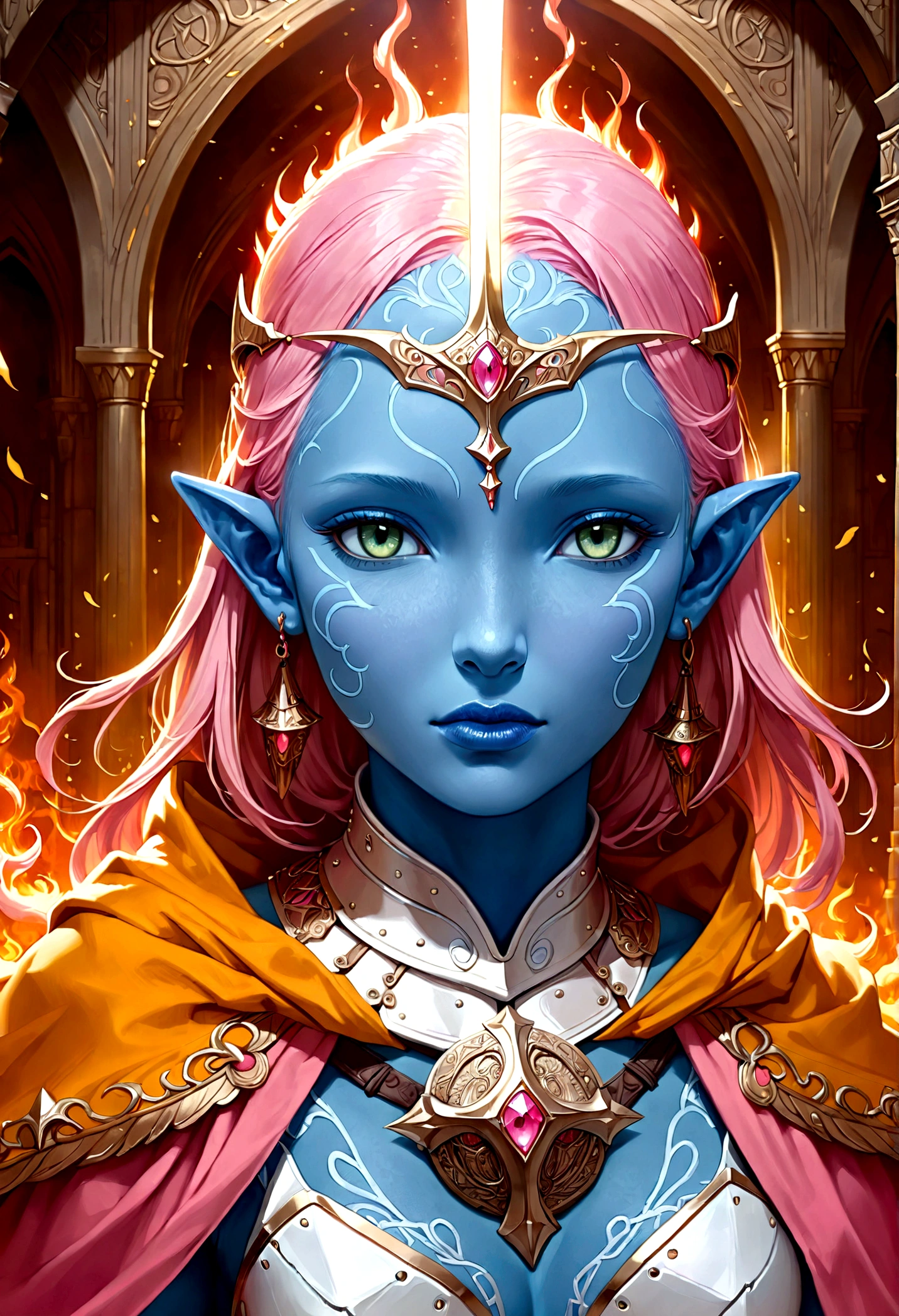 fantasy art, dnd art, RPG art, wide shot, (masterpiece: 1.4) a (portrait: 1.3) intense details, highly detailed, photorealistic, best quality, highres, portrait a female (fantasy art, Masterpiece, best quality: 1.3) ((blue skin: 1.5)), intense details facial details, exquisite beauty, (fantasy art, Masterpiece, best quality) cleric, (blue skinned: 1.3) female, (pink hair: 1.3), long hair, (no ears: 1.5), (green eyes: 1.3), armed with a fiery sword red fire, wearing (white armor: 1.3), wearing high heeled laced boots, wearing an (orange cloak:1.3), wearing glowing holy symbol GlowingRunes_yellow, within fantasy temple background, reflection light, high details, best quality, 16k, [ultra detailed], masterpiece, best quality, (extremely detailed), close up, ultra wide shot, photorealistic, RAW, fantasy art, dnd art, fantasy art, realistic art,((best quality)), ((masterpiece)), (detailed), perfect face,2d anime hand-drawn digital sketch style