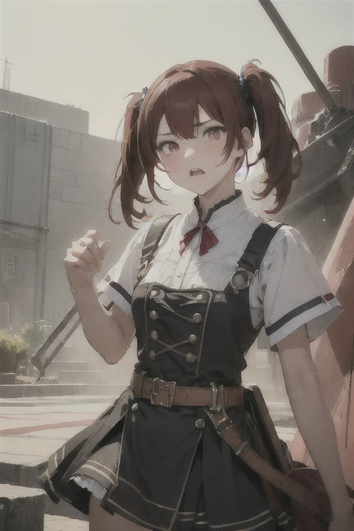 1 girl, Redhead, Twin tails,Long Hair、 Facial hair stripes, Red eyes, Impact, RAW Photos, 8k, masterpiece,Angry face、