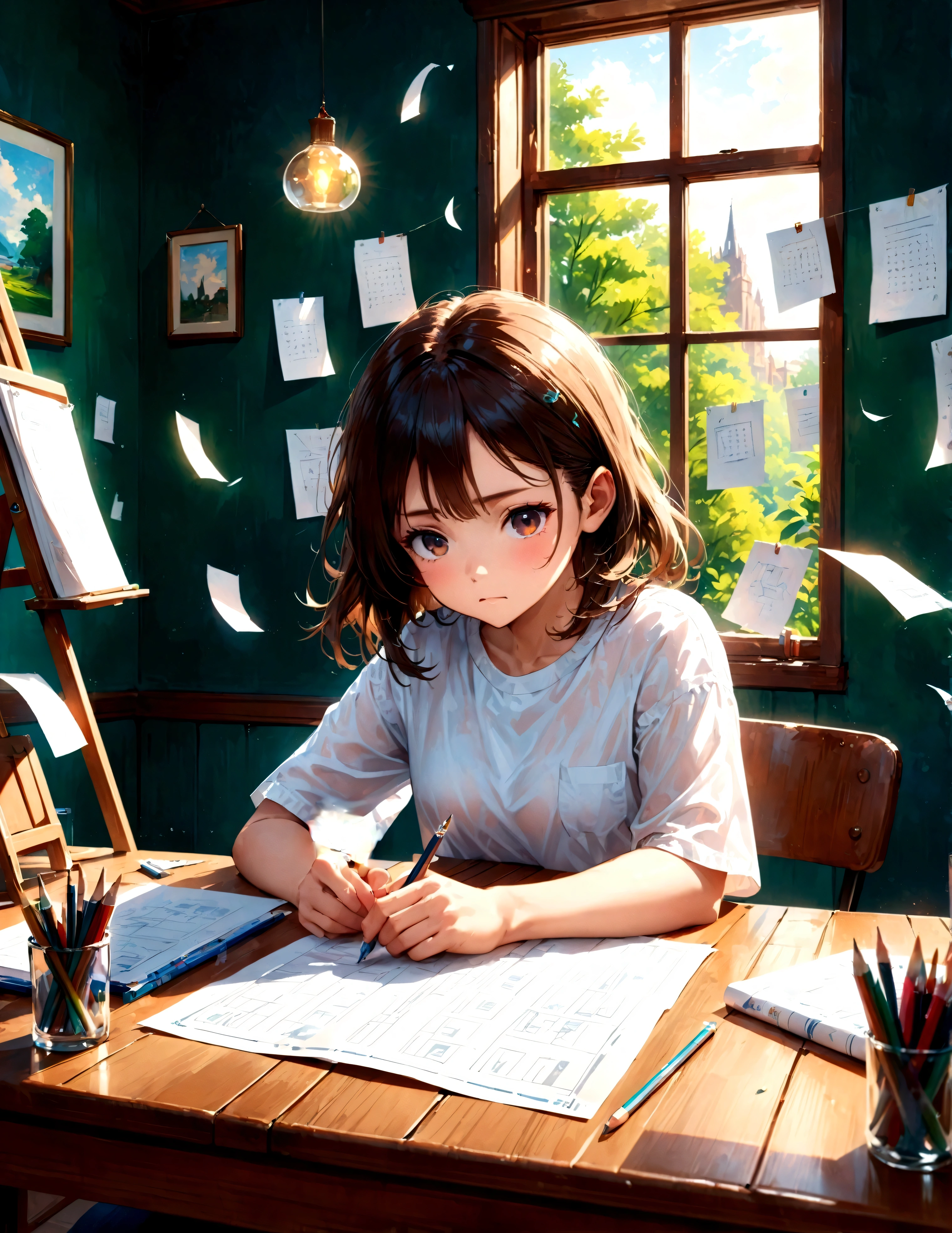 Fixes,One 17-year-old female taking a paper test,focus on girls,She is a quiet and smart-looking cute girl.,A woman is sitting in a chair in front of a desk with a paper test on it.,There are pencils and erasers on the desk.,The girl is working on a paper test with a serious expression,The woman looks calm, but she is actually confused.,BREAK,The woman is wearing a white cutter shirt for students.,BREAK,draw abstract background,『? ” and distorted alphabets around the girl’s head.,(masterpiece:1.3),(highest quality:1.4),(ultra detailed:1.5),High resolution,extremely detailed,unity 8k wallpaper,An illustration