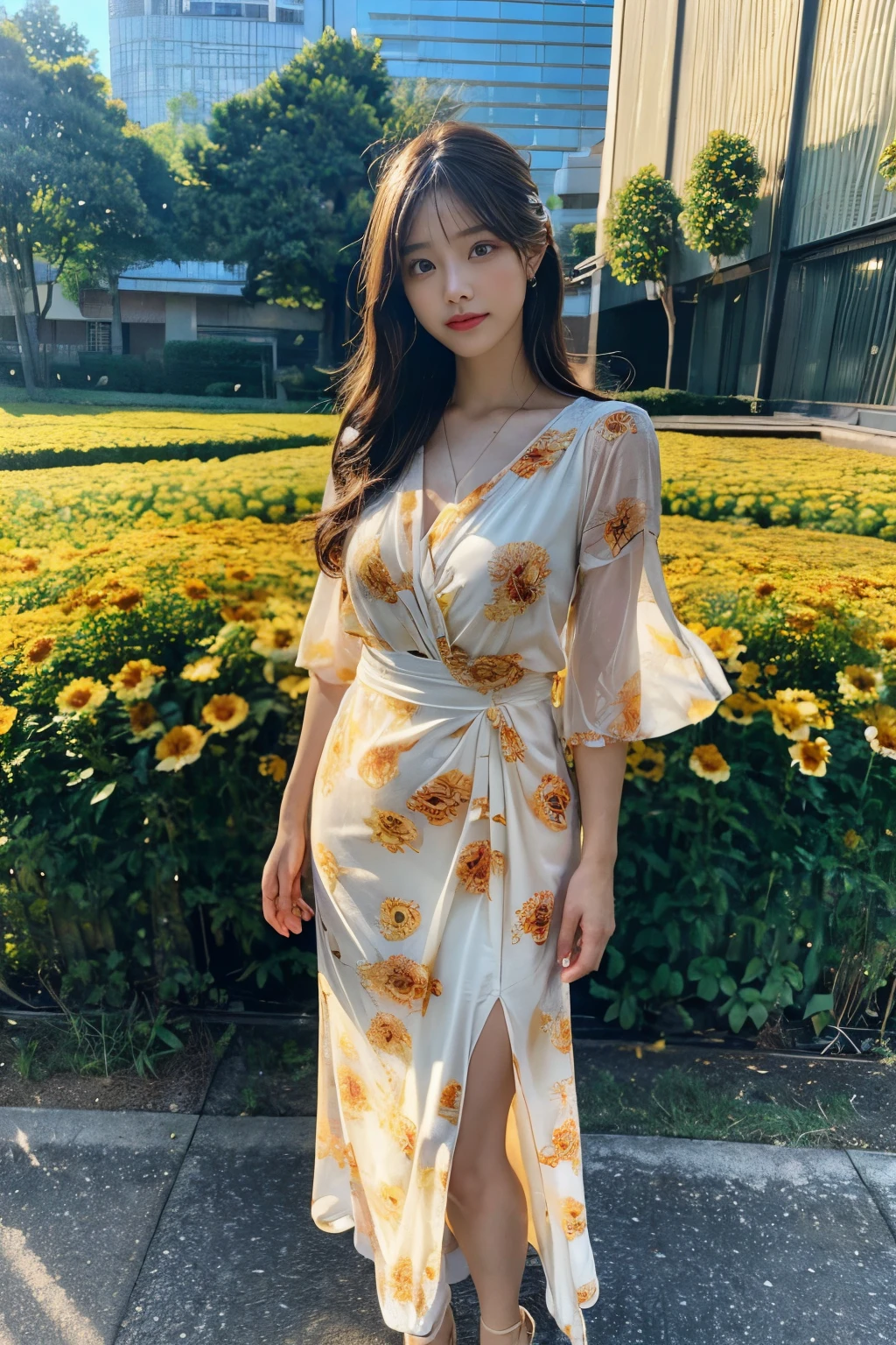(best quality,4K,8K,masterpiece:1.2),ultra-Detailed,(best quality,realistic:1.2),lovely woman,japanese girl, Finally a cute face, Gerbera flower field,Sheer yellow floral print summer dress,sunset,play,pleasure,beauty,Harmony,portrait,soft lighting,vivid colors, HDR, 8K, absurd, Cinesteel 800, sharp focus, add_Detail:2, Ultra HD | | | ((full body shot)) add_Detail:2 (1 woman, alone)