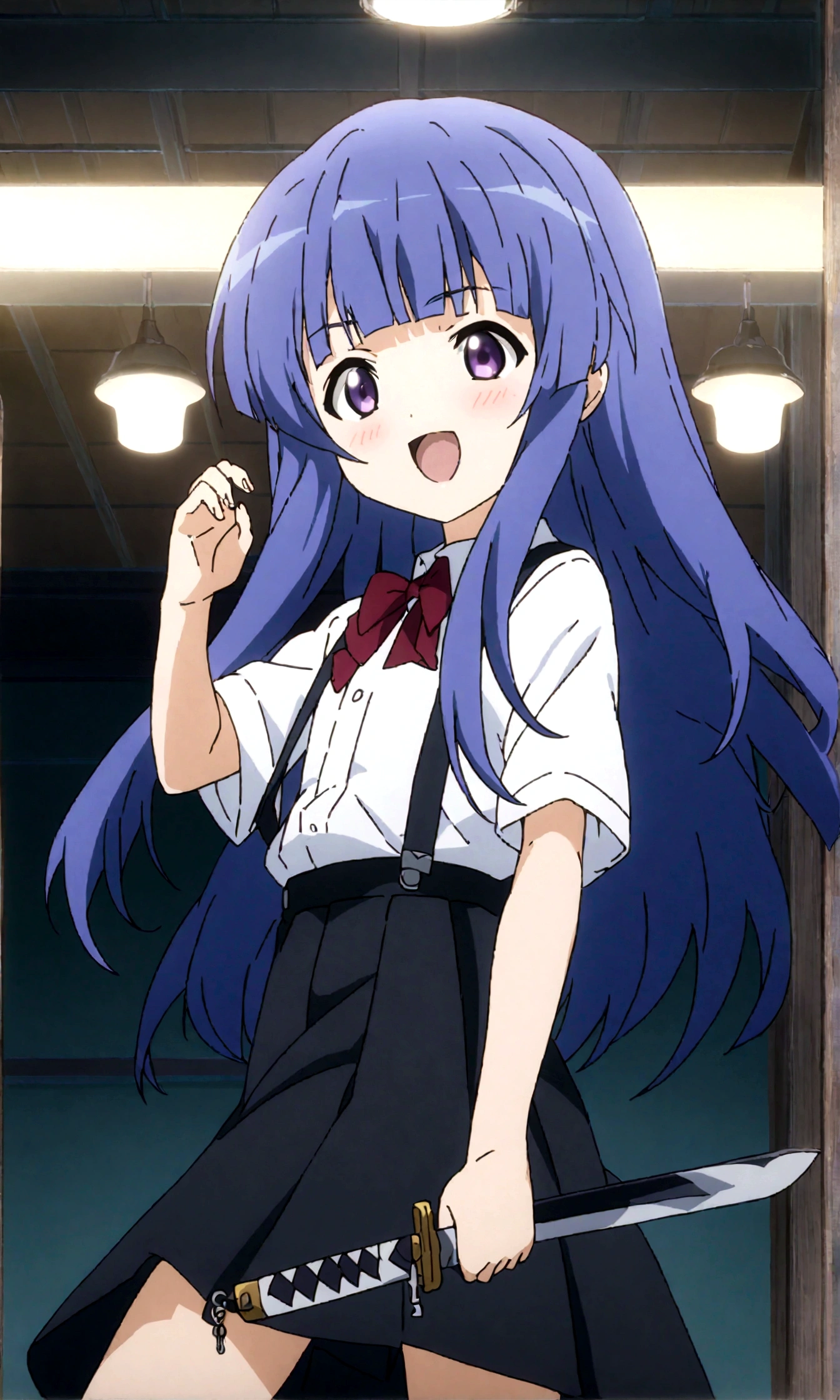 score_9,score_8, score_8_up, BREAK from side,1girl, solo, furude rika, (tween), kawaii, blue hair, purple eyes, long hair, blunt bangs, bangs,, bow, skirt, shirt, suspenders, smile, short sleeves, pleated skirt, white shirt, open mouth, :d, red bow, ,^_^, suspender skirt, , black skirt, collared shirt, blush, bowtie, blunt bangs, dress shirt,masterpiece, best quality, source_anime,ceiling, ceiling light, great lighting, detailed shadows, detailed body, anime artwork,anime style, key visual, vibrant, studio anime, highly detailed, anime coloring,,mediumshot, in distance, wide shot, from front,Battōjutsu, (holding KatanaOneHand), (fighting stance:1.2), KatanaOneHand, holding, ,simple background, white background.Subsurface scattering