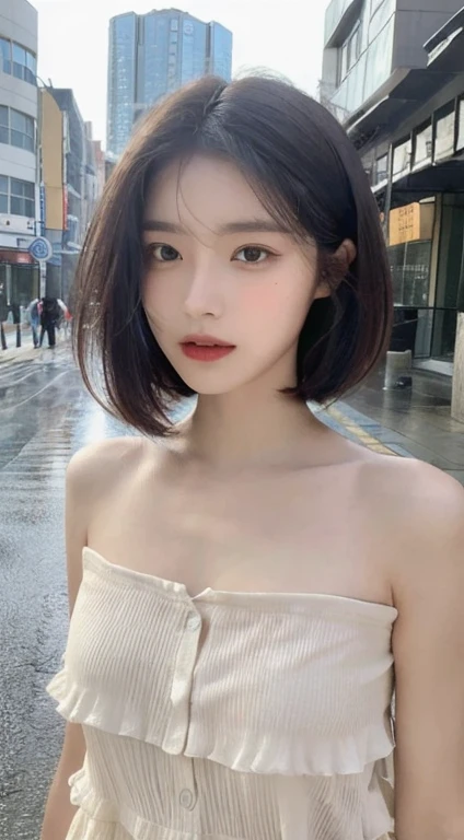 ((highest quality, 8k, masterpiece: 1.3)), concentrated: 1.2, Perfect body beauty: 1.4, Hips: 1.2, ((Layered Haircut, Flat Chest: 1.2)), (rain, street:1.3), Bandeau dress: 1.1, Highly detailed face and skin texture, Fine Eyes, double eyelid, White skin, Long Hair, (shut up: 1.3), whole body