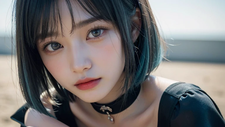 (Bob Cut Hair, Light blue hair:1.2),(Put on a choker, Wear a black blouse:1.2),1 girl,Japanese,21 years old,(Small breasts:1.3),(highest quality,masterpiece:1.3,超A high resolution,),(Ultra-detailed,Caustics),(Photorealistic:1.4,RAW shooting,)Ultra-Realistic Capture,Very detailed,High resolution 16K human skin close-up。 Natural skin texture、,Pores、、It needs to be detailed enough to be easily identifiable。 Skin should be even-toned and healthy looking。 Use natural light and colour, Sad expression, Looking at the camera, Perfect dynamic composition, Outdoor