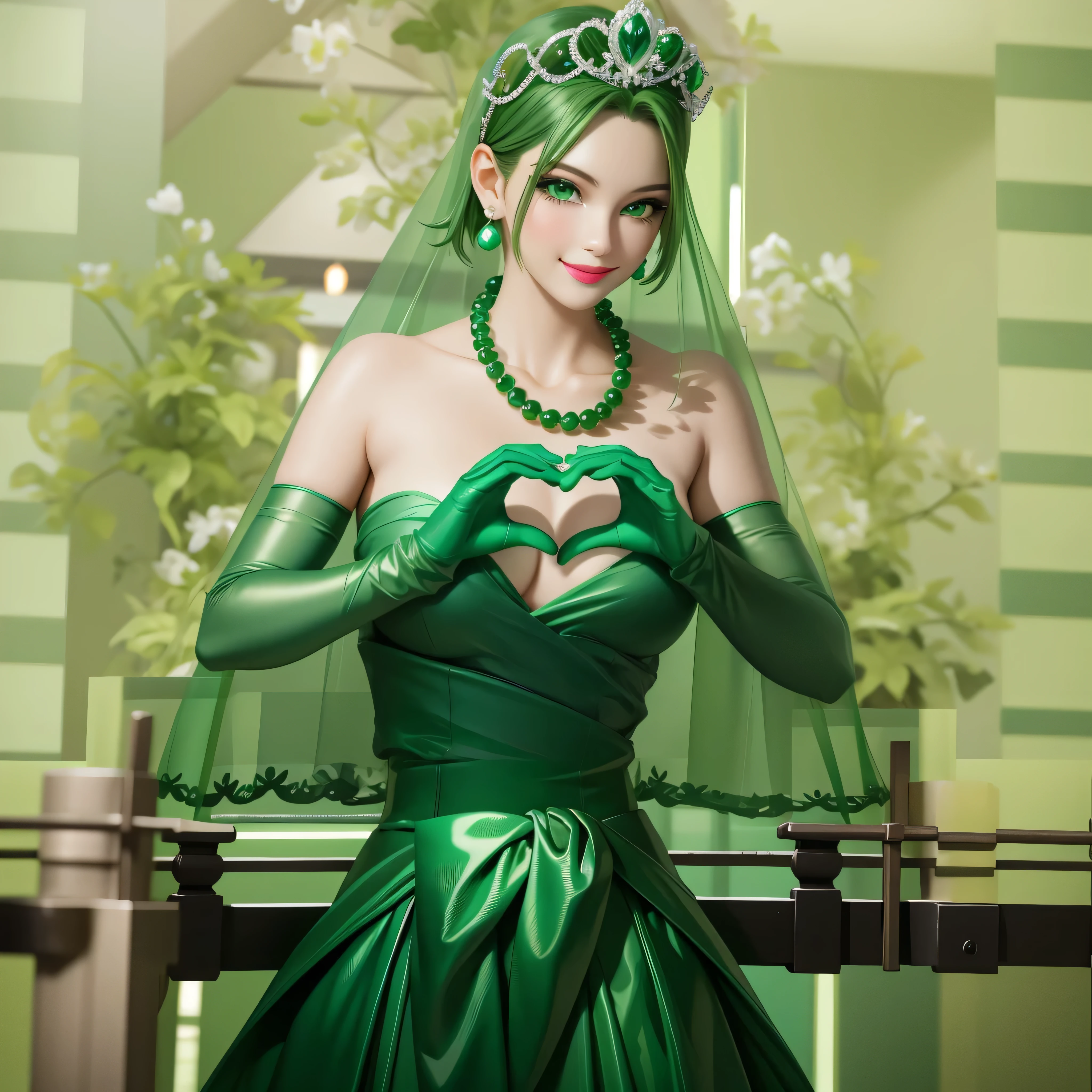 Emerald tiara, Green Pearl Necklace, Boyish very short green hair, Green Lips, Smiling Japanese woman, Very short hair, Busty beautiful lady, Green Eyes, Green satin long gloves, Green Eyes, Emerald Earrings, Green veil, Heart with both hands, Green Hair, Beautiful Japanese Women, Heart shaped hands:1.3, green lip gloss
