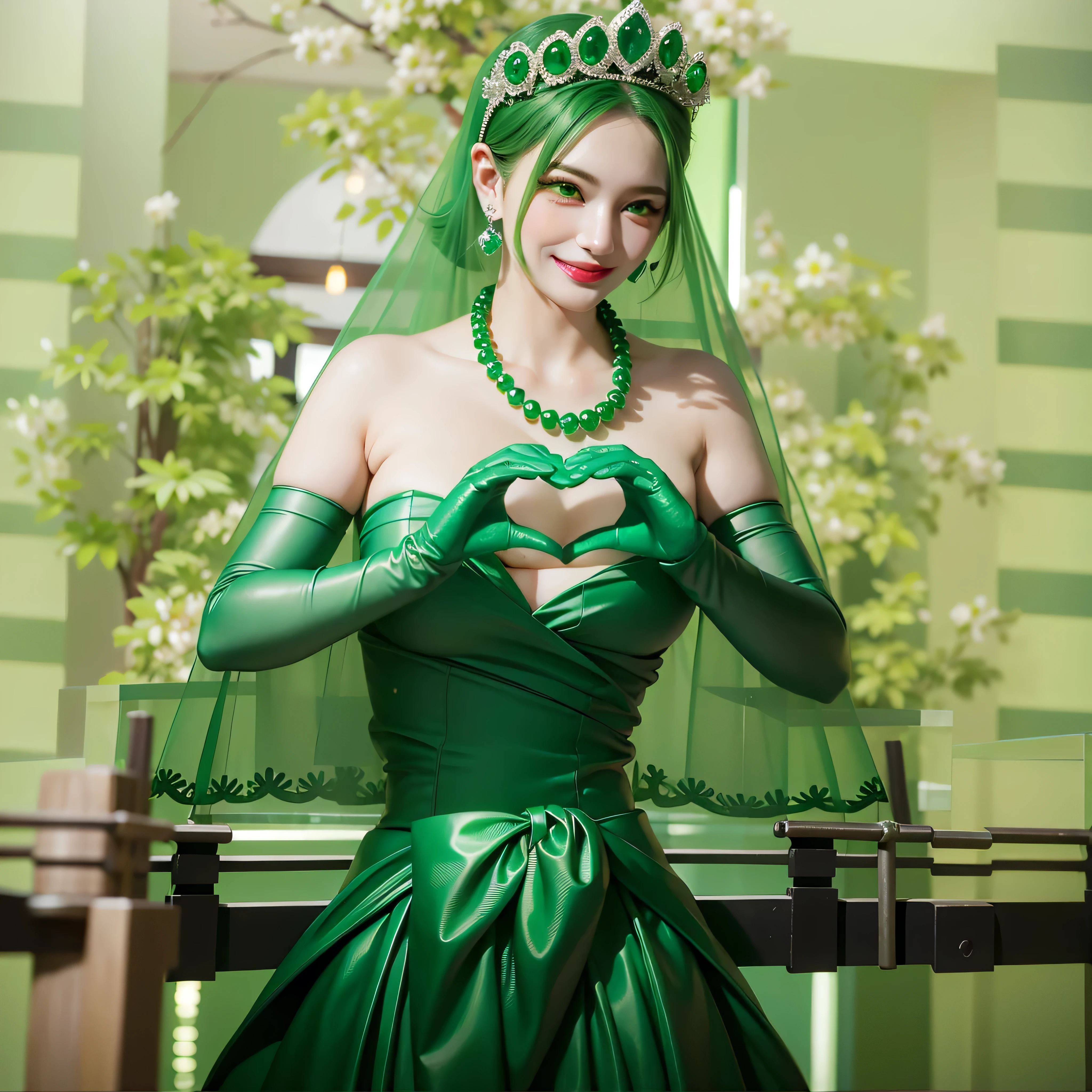 Emerald tiara, Green Pearl Necklace, Boyish very short green hair, Green Lips, Smiling Japanese woman, Very short hair, Busty beautiful lady, Green Eyes, Green satin long gloves, Green Eyes, Emerald Earrings, Green veil, Heart with both hands, Green Hair, Beautiful Japanese Women, Heart shaped hands:1.3, green lip gloss