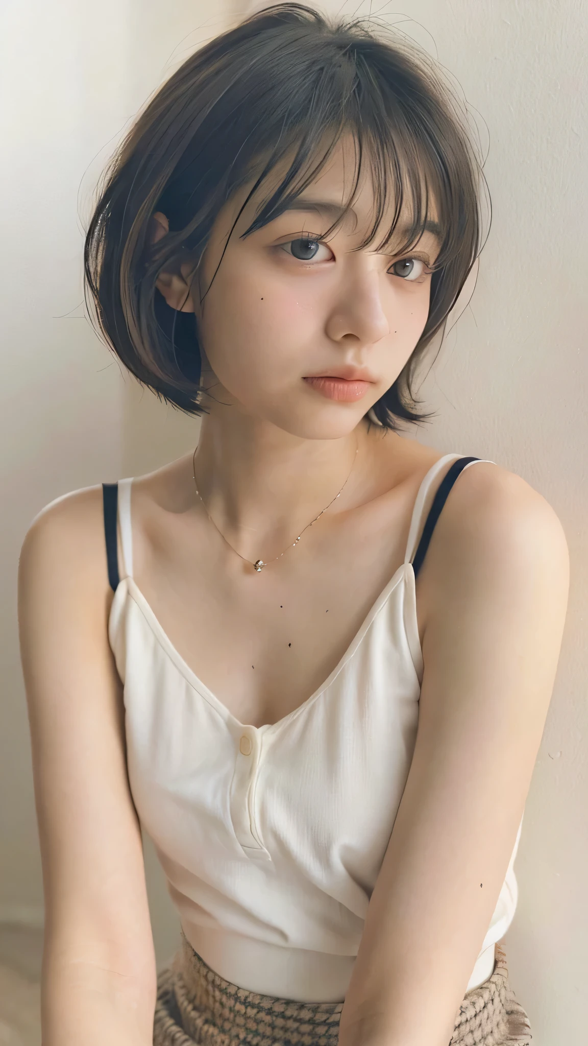 (very realistic photo, concentrated、High resolution, detailed face, fine eyes), ((Taken in front of a white wall))、japanese woman, 20-year-old, various expressions, Upper body、alone:1, slim body shape, various hairstyles,black sheer tops、 Only one person is in the photo、Photographed in natural light、simple necklace、bob hair、shortcut、looking at the camera