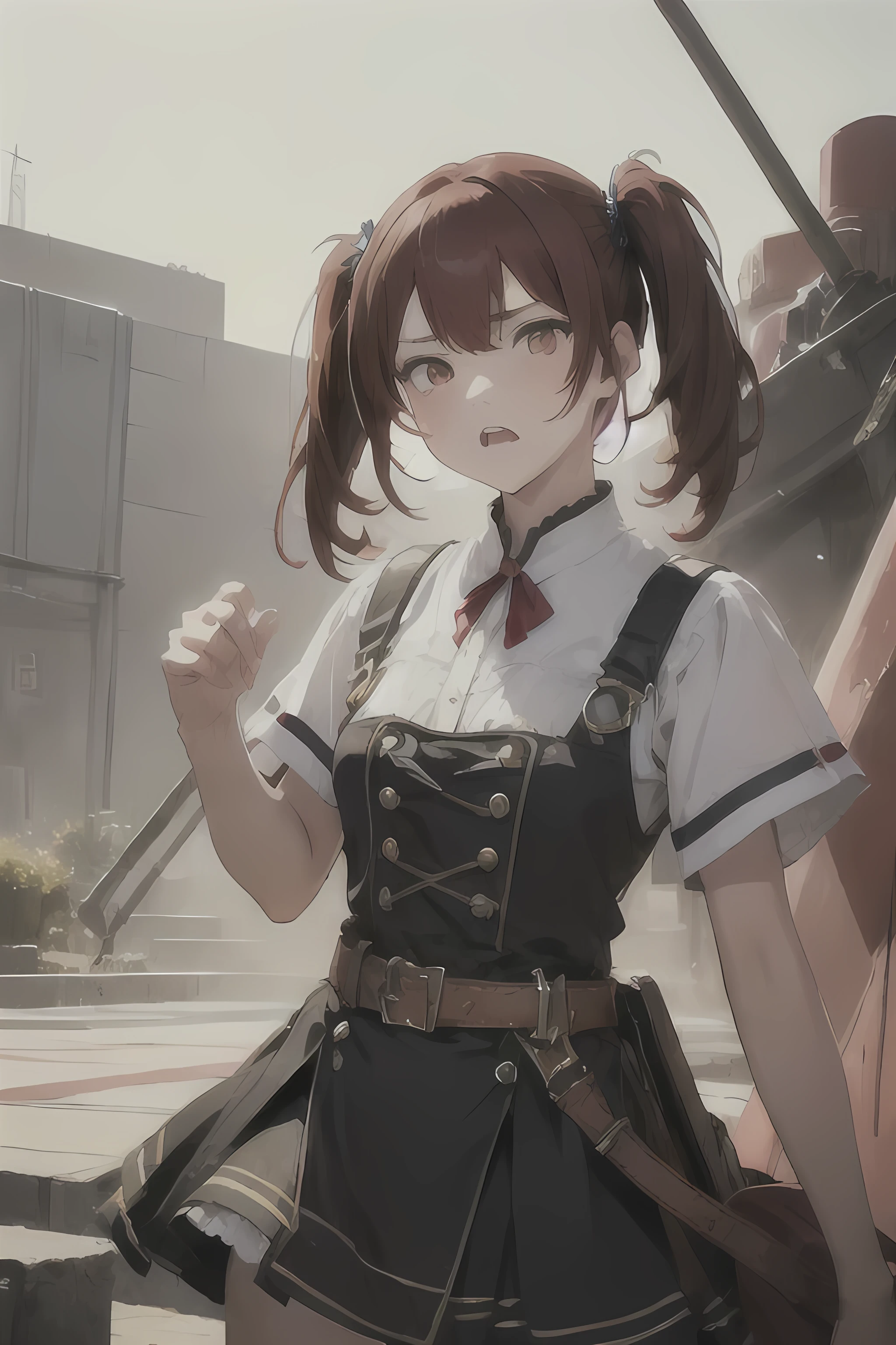 1 girl, Redhead, Twin tails,Long Hair、 Facial hair stripes, Red eyes, Impact, RAW Photos, 8k, masterpiece,Angry face、