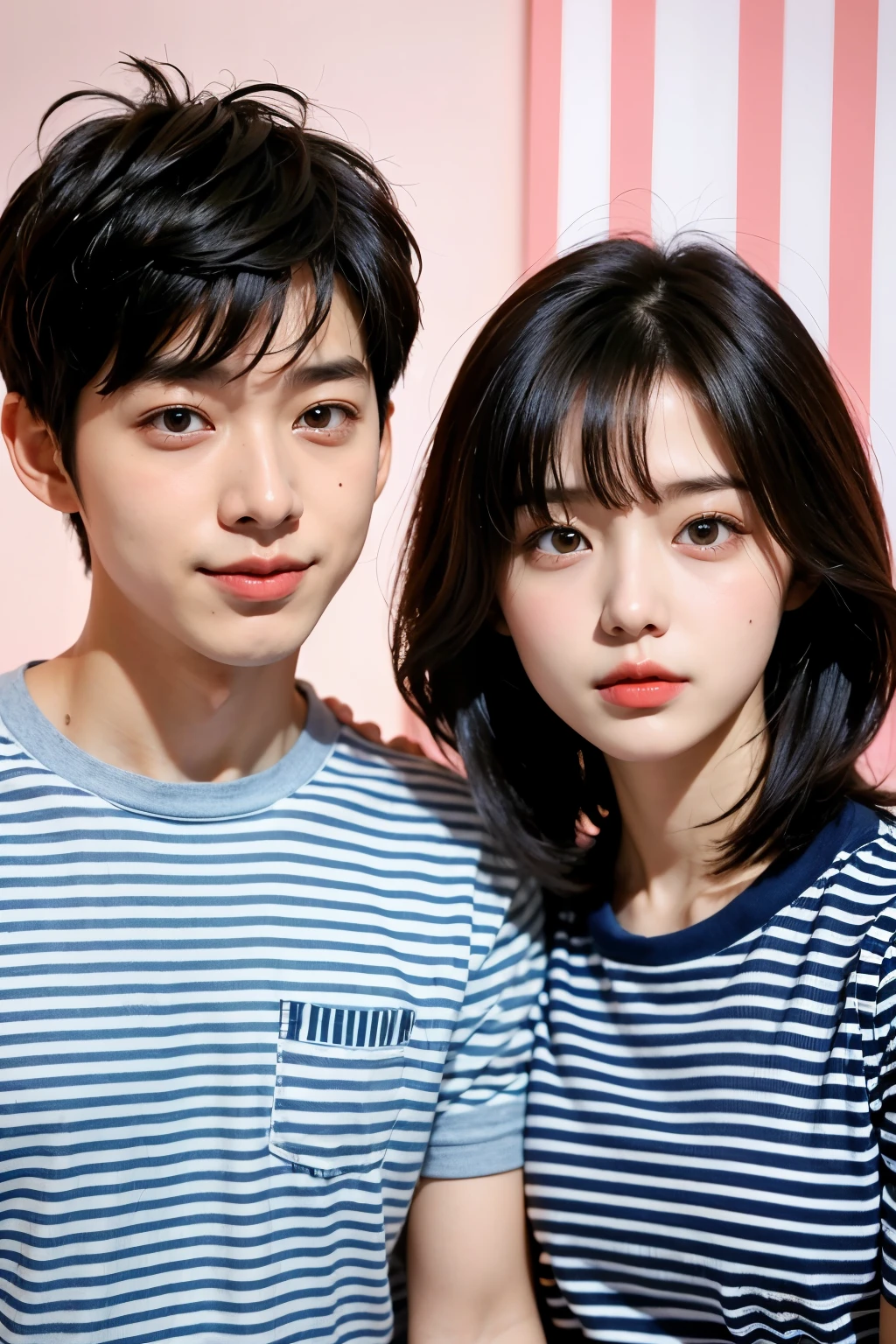 1 girl, 1 boy, ideal , Wearing a striped patterned t-shirt, photo spot background, Korean couple